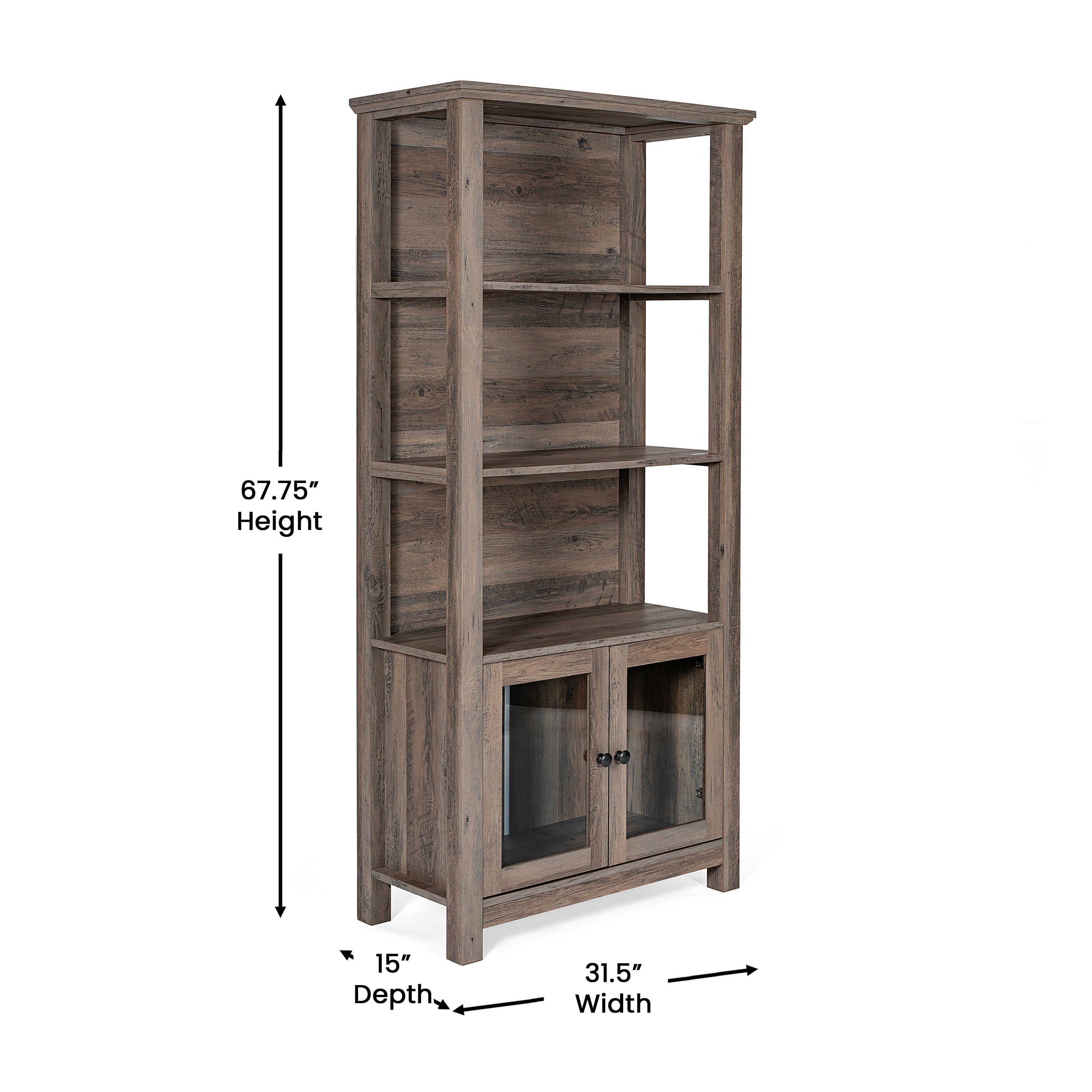 Stella Modern Farmhouse Wooden Bookcase and Storage Cabinet with Tempered Glass Doors and 3 Upper Shelves in Gray Wash