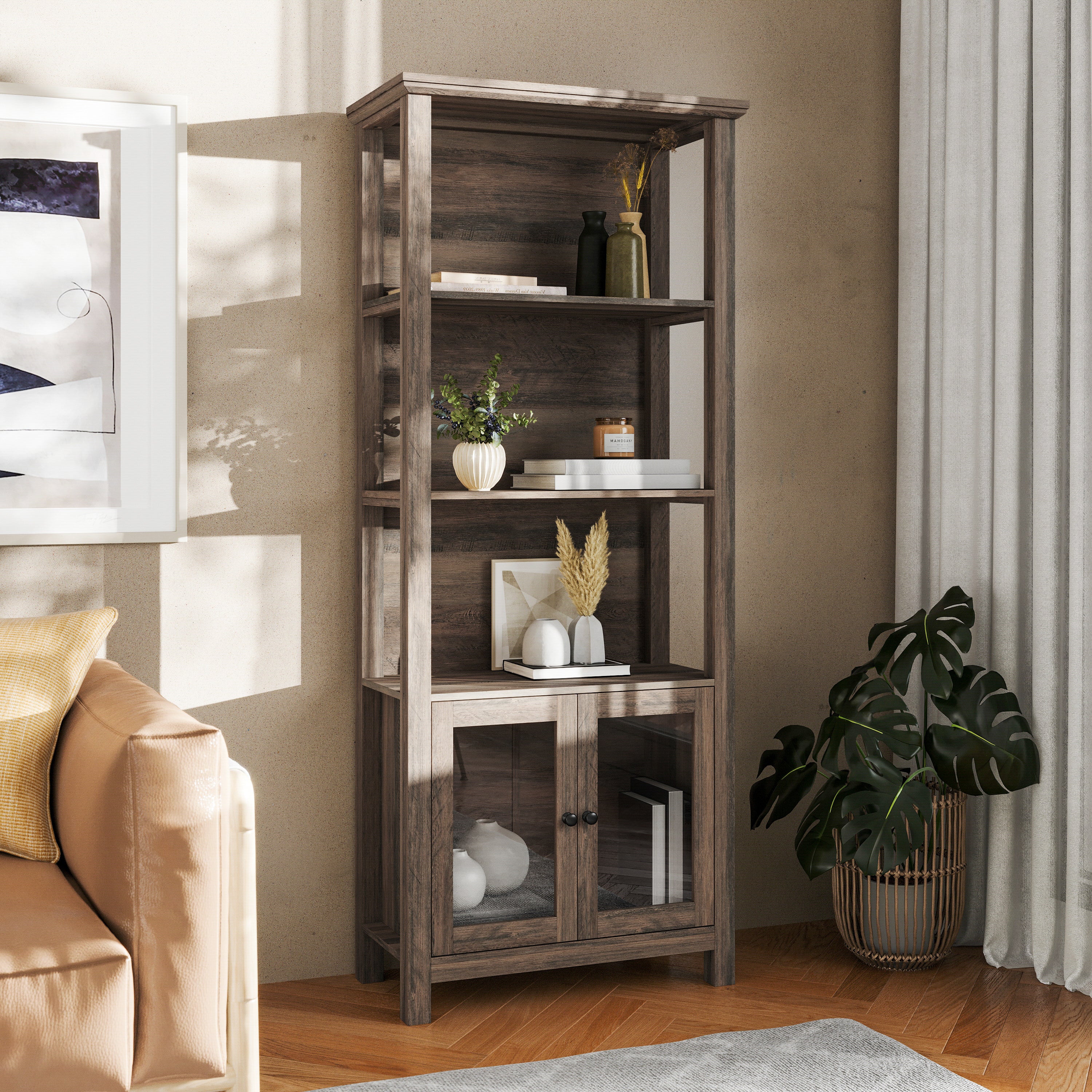 Stella Modern Farmhouse Wooden Bookcase and Storage Cabinet with Tempered Glass Doors and 3 Upper Shelves in Gray Wash
