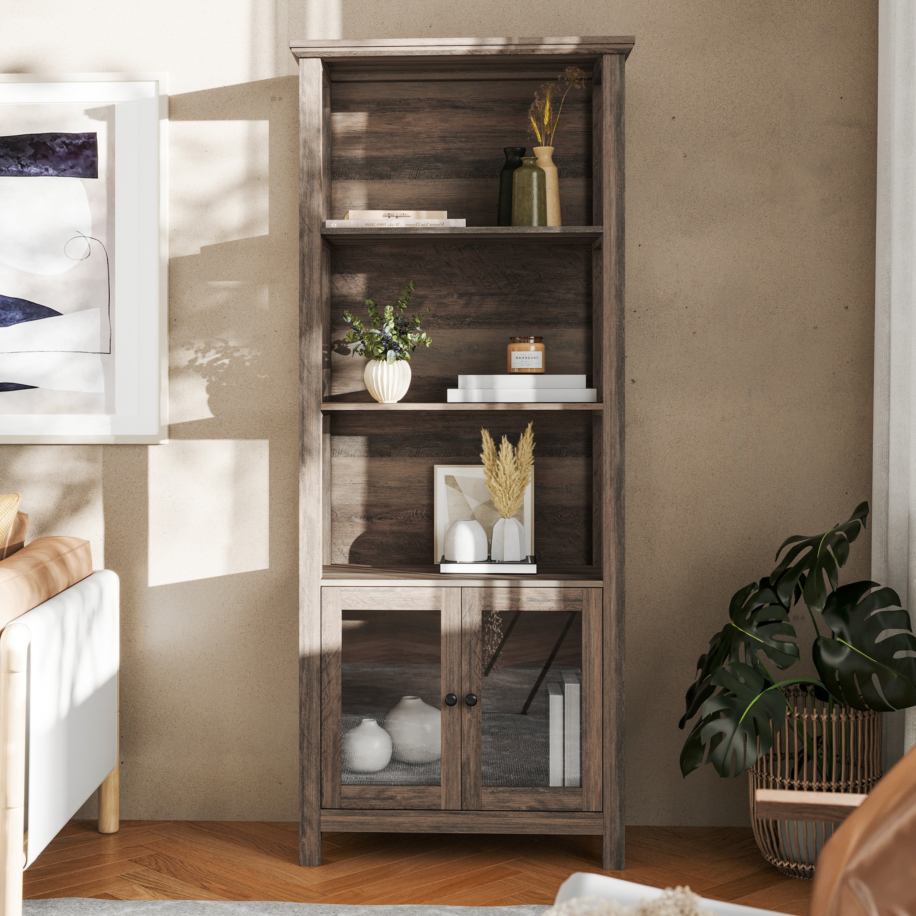 Stella Modern Farmhouse Wooden Bookcase and Storage Cabinet with Tempered Glass Doors and 3 Upper Shelves in Gray Wash