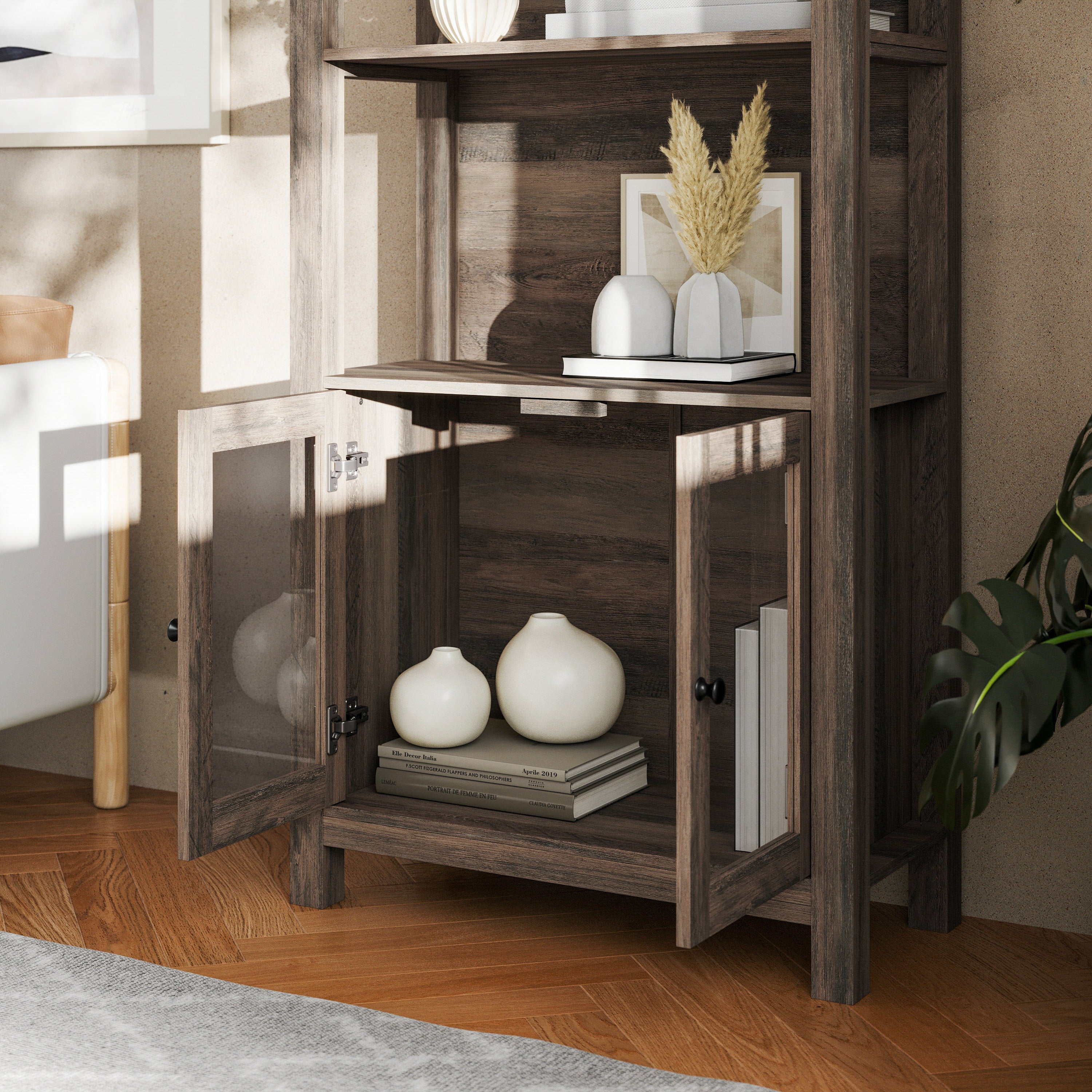 Stella Modern Farmhouse Wooden Bookcase and Storage Cabinet with Tempered Glass Doors and 3 Upper Shelves in Gray Wash