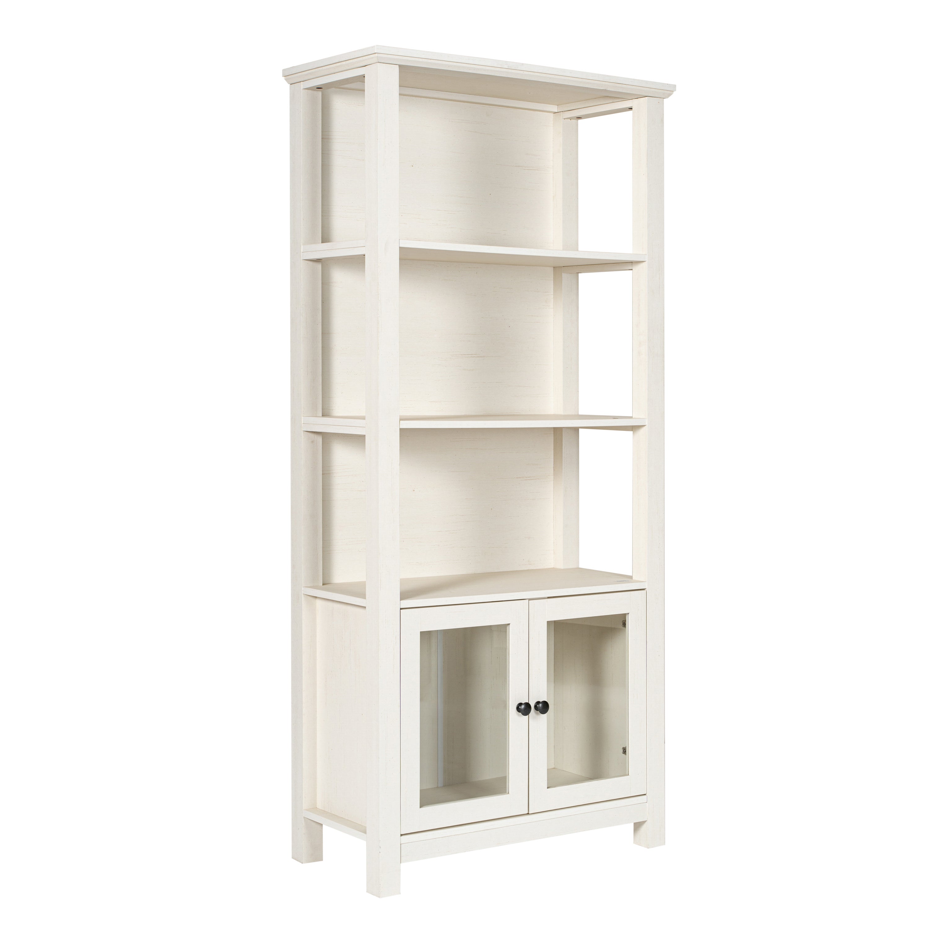 Stella Modern Farmhouse Wooden Bookcase and Storage Cabinet with Tempered Glass Doors and 3 Upper Shelves in White