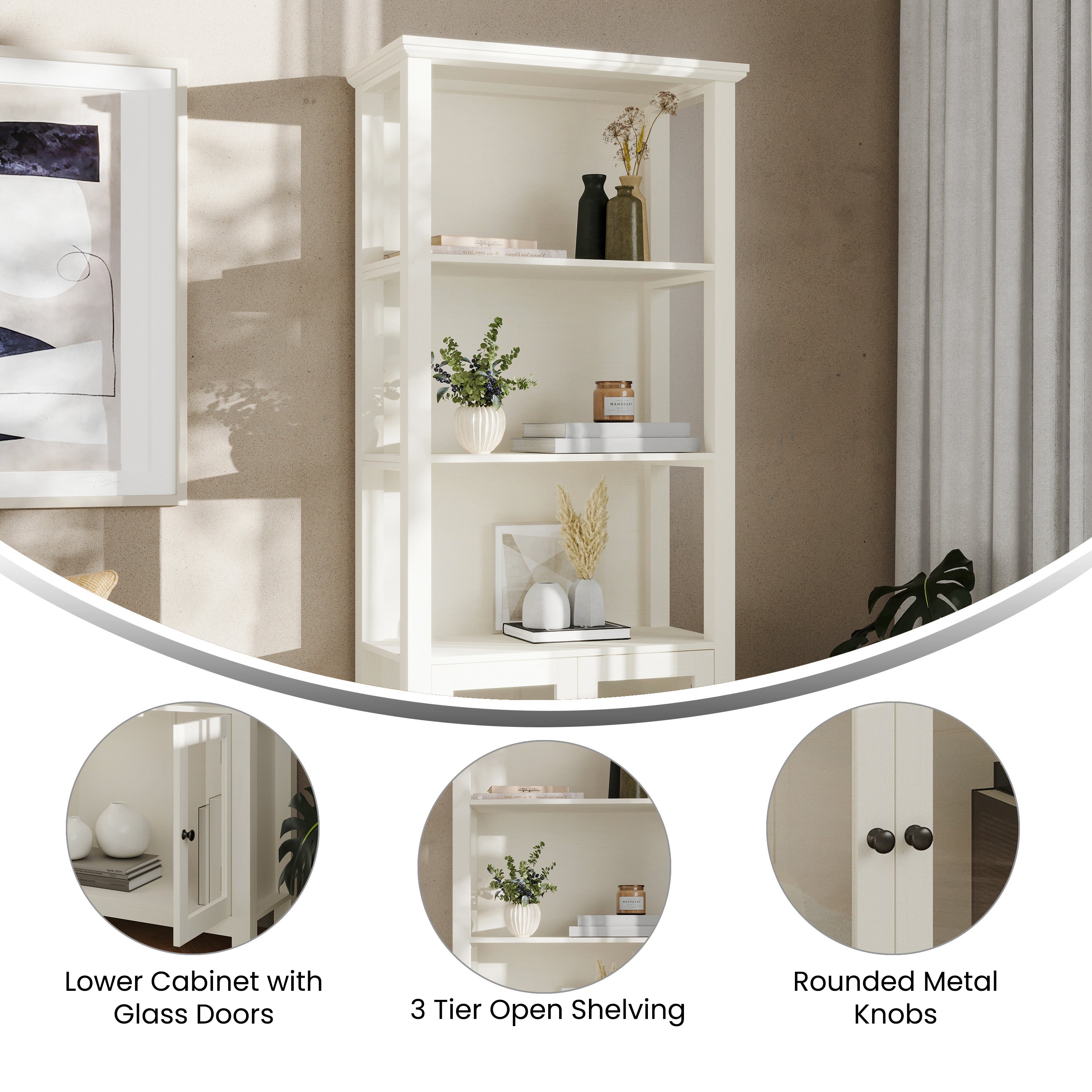 Stella Modern Farmhouse Wooden Bookcase and Storage Cabinet with Tempered Glass Doors and 3 Upper Shelves in White