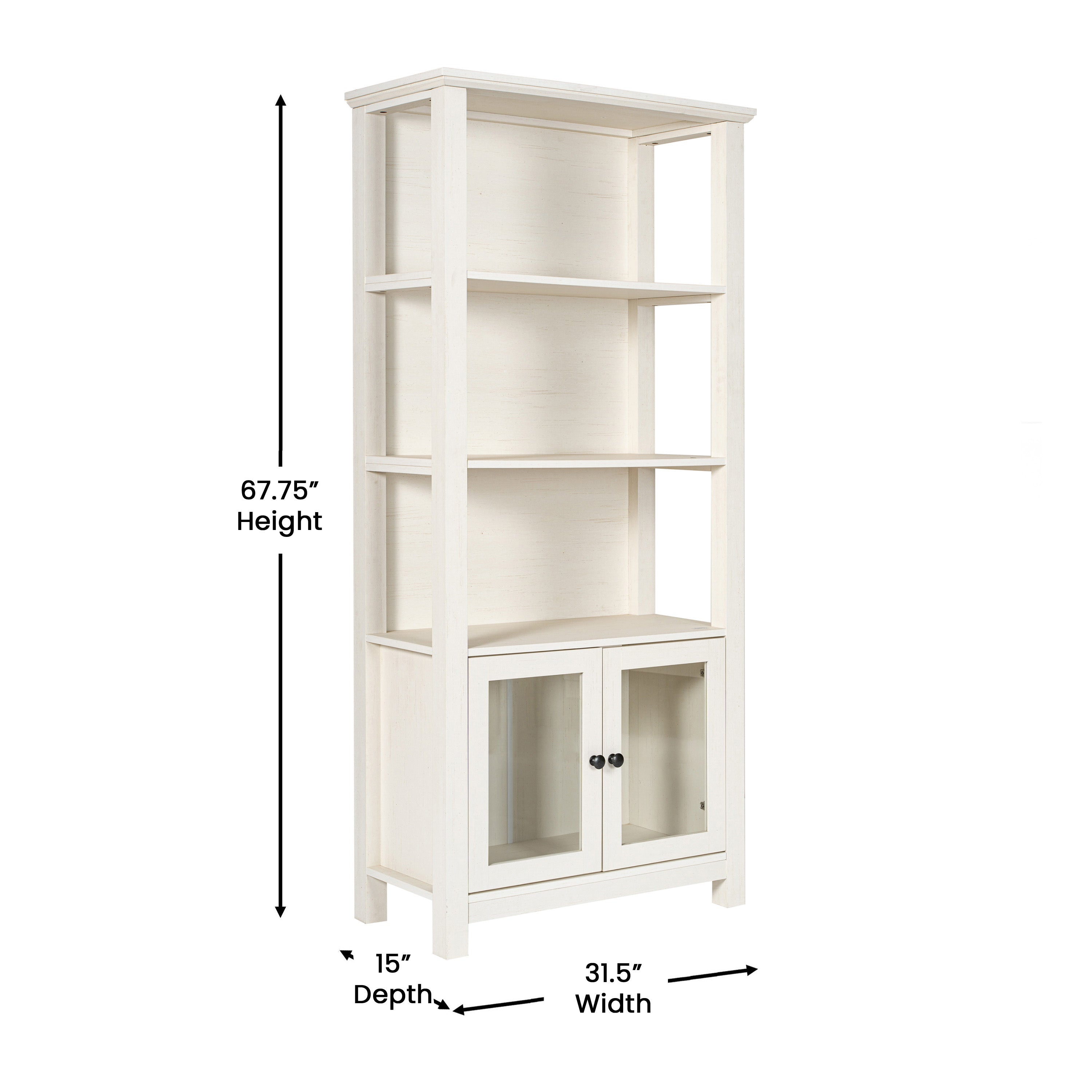 Stella Modern Farmhouse Wooden Bookcase and Storage Cabinet with Tempered Glass Doors and 3 Upper Shelves in White