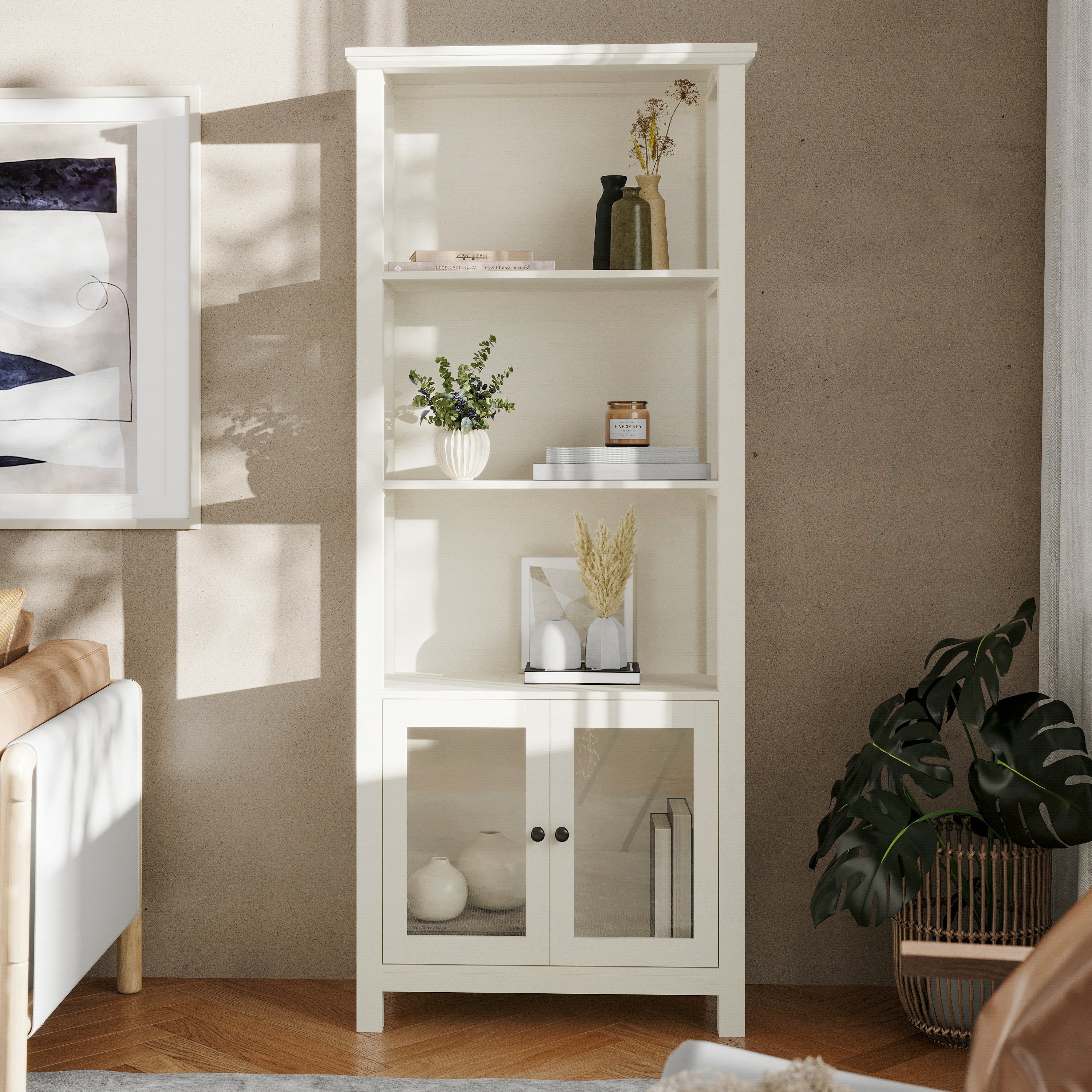 Stella Modern Farmhouse Wooden Bookcase and Storage Cabinet with Tempered Glass Doors and 3 Upper Shelves in White