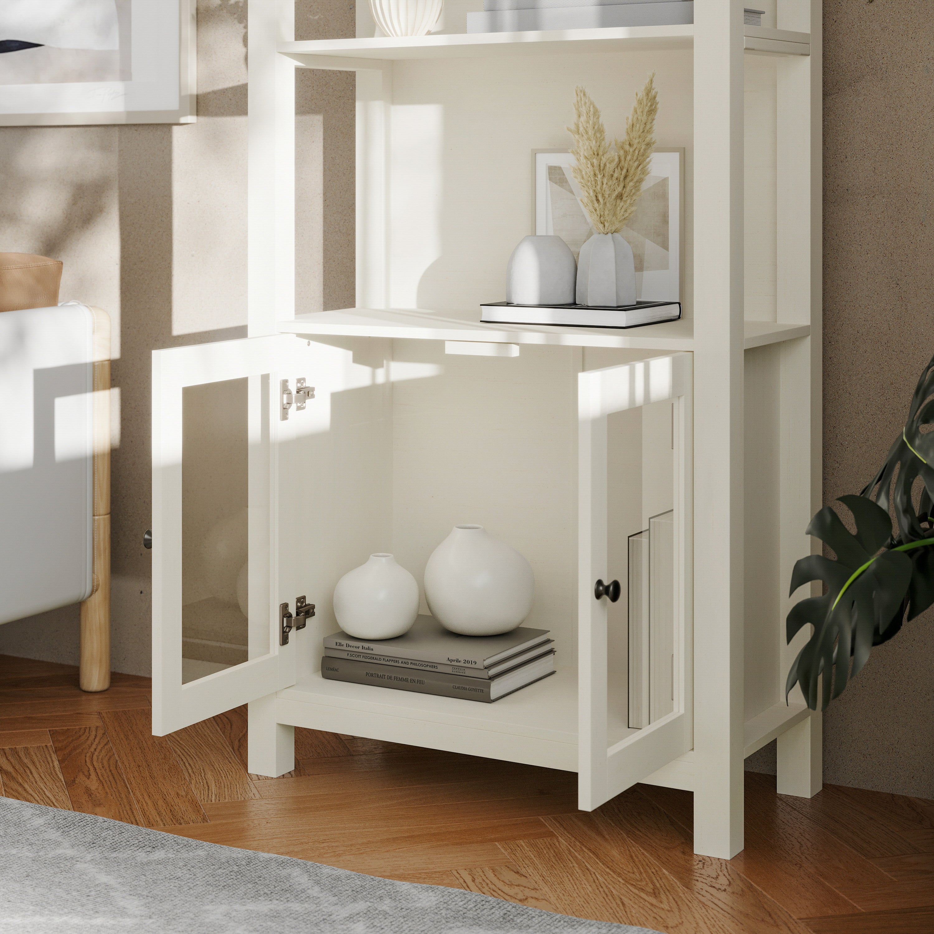 Stella Modern Farmhouse Wooden Bookcase and Storage Cabinet with Tempered Glass Doors and 3 Upper Shelves in White