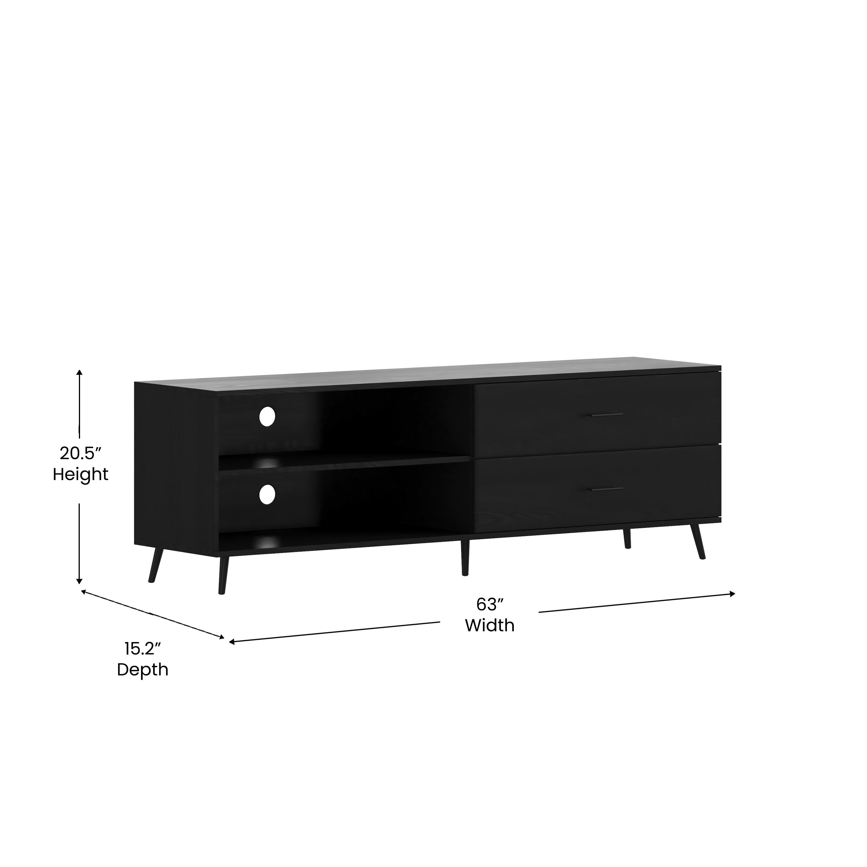 Nelson 65" Mid Century Modern TV Stand for up to 60" TV's with Adjustable Shelf and Storage Drawers, Black