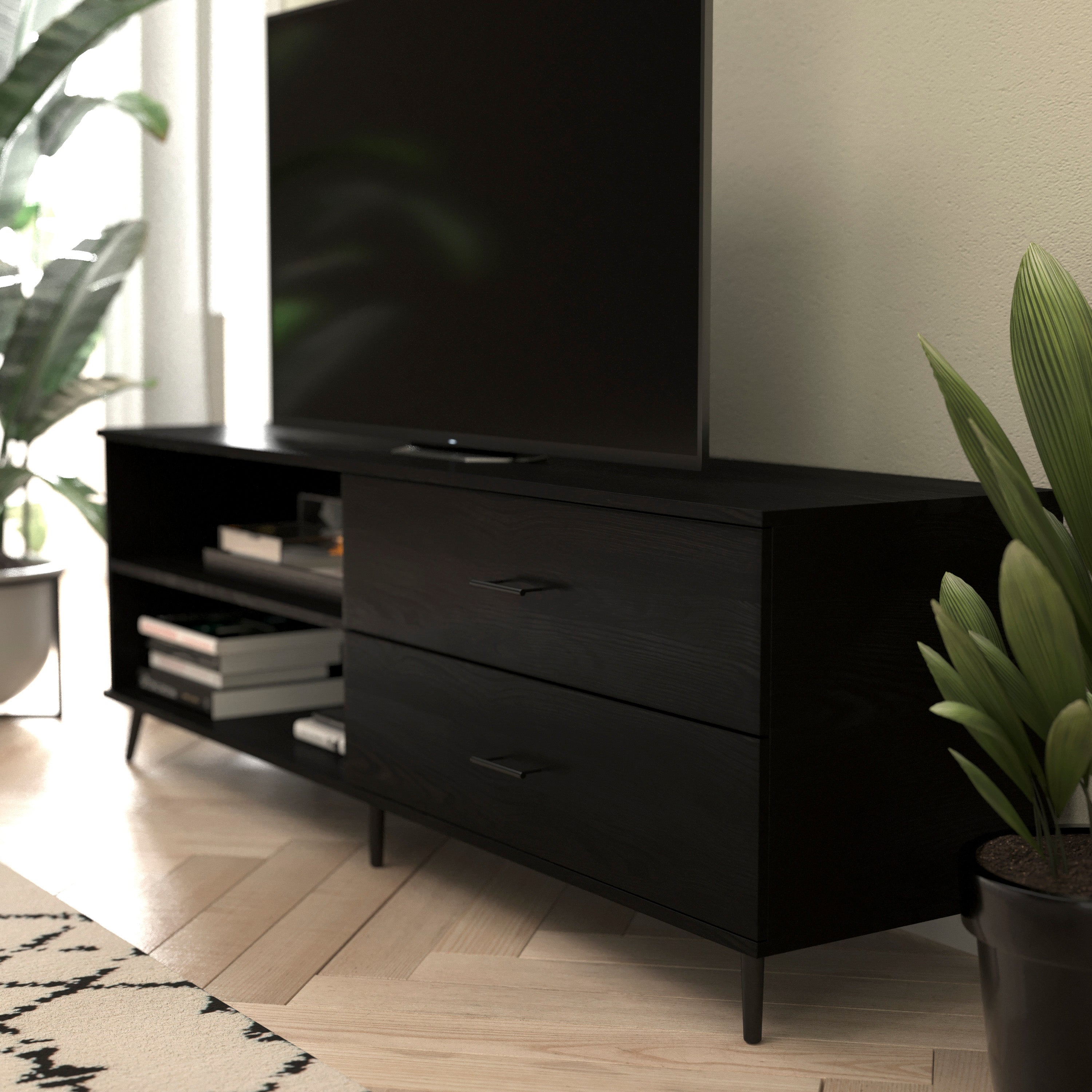 Nelson 65" Mid Century Modern TV Stand for up to 60" TV's with Adjustable Shelf and Storage Drawers, Black
