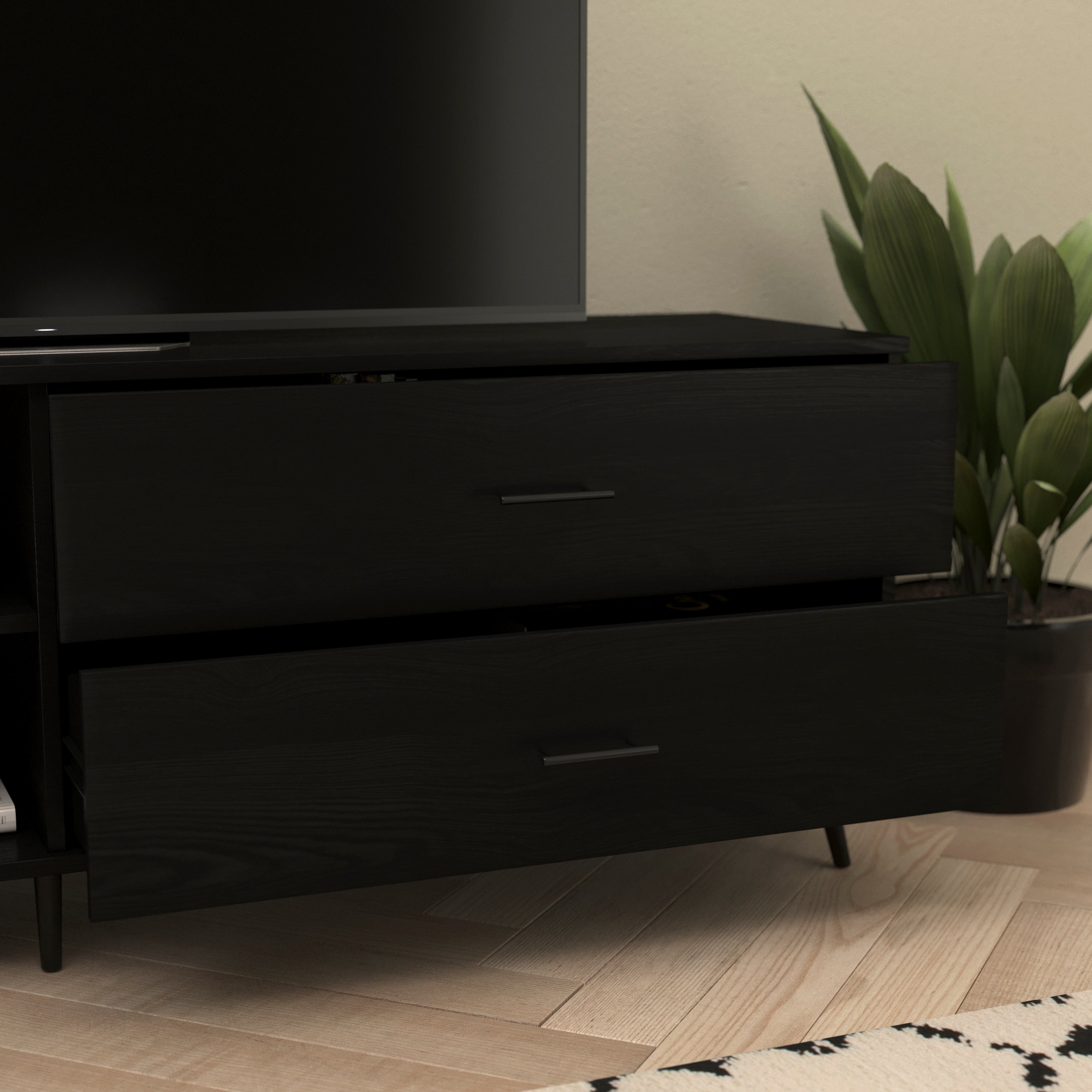 Nelson 65" Mid Century Modern TV Stand for up to 60" TV's with Adjustable Shelf and Storage Drawers, Black