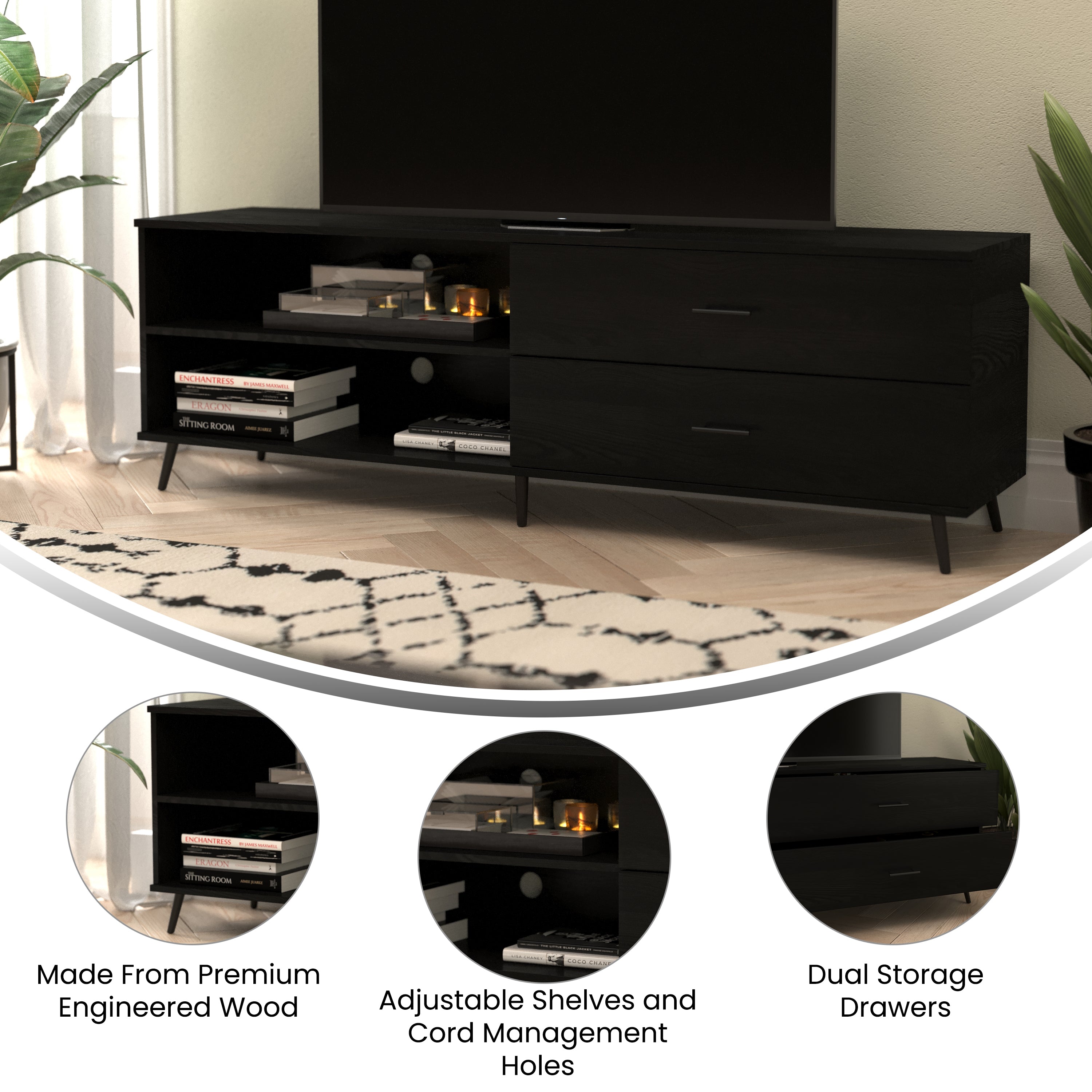 Nelson 65" Mid Century Modern TV Stand for up to 60" TV's with Adjustable Shelf and Storage Drawers, Black