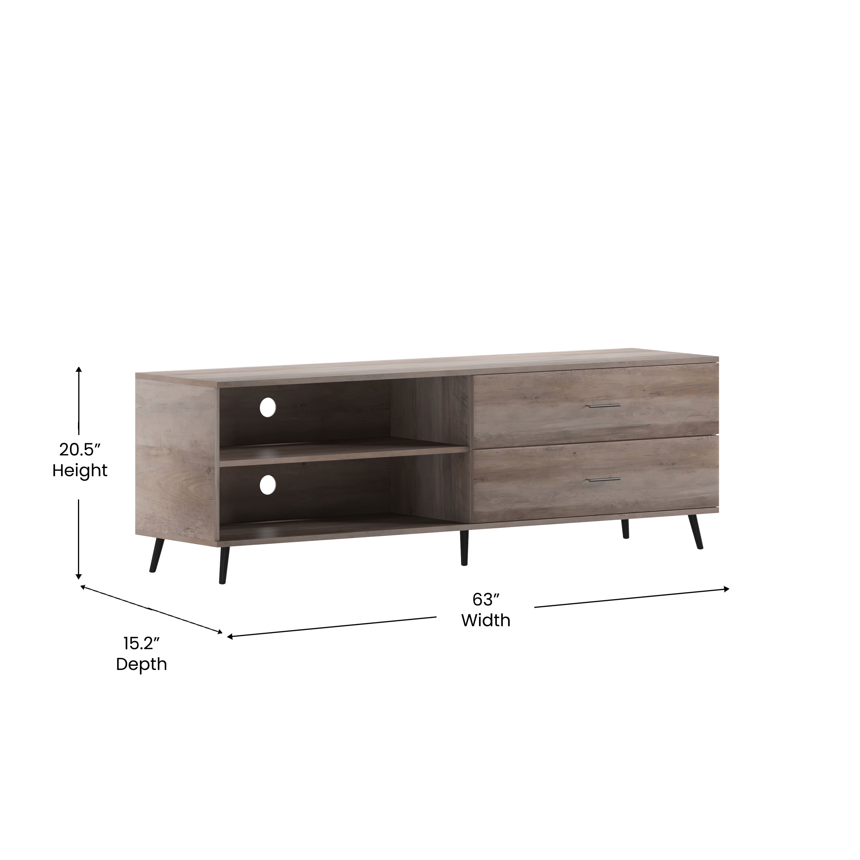 Nelson 65" Mid Century Modern TV Stand for up to 60" TV's with Adjustable Shelf and Storage Drawers, Walnut