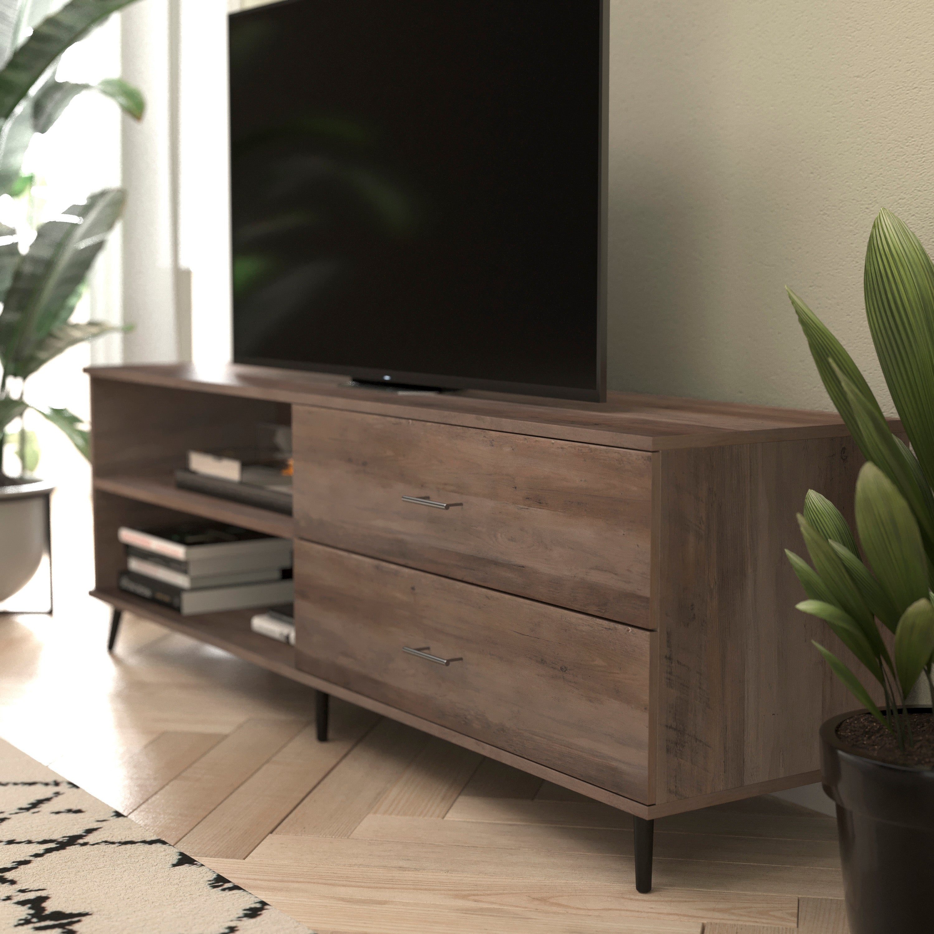 Nelson 65" Mid Century Modern TV Stand for up to 60" TV's with Adjustable Shelf and Storage Drawers, Walnut