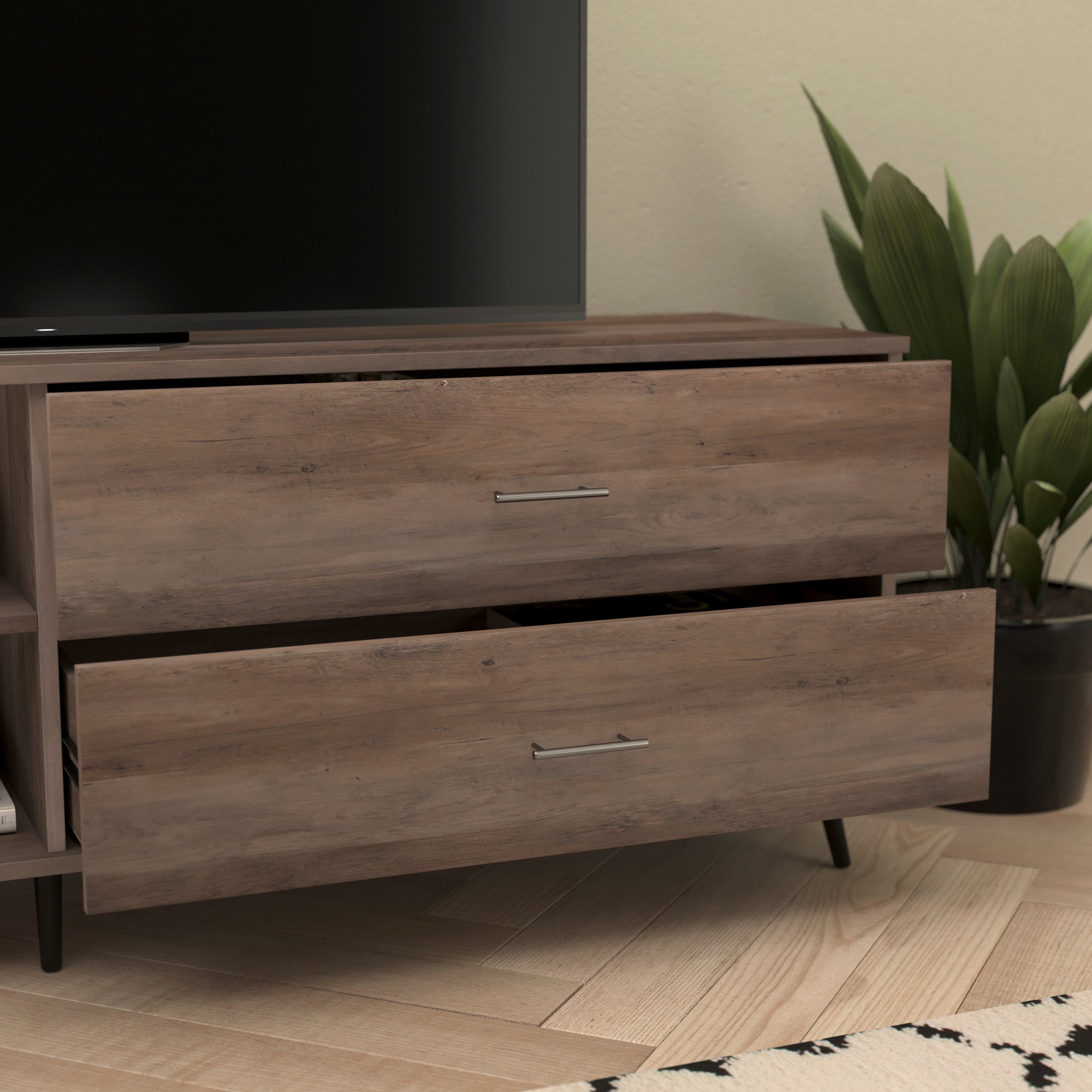 Nelson 65" Mid Century Modern TV Stand for up to 60" TV's with Adjustable Shelf and Storage Drawers, Walnut