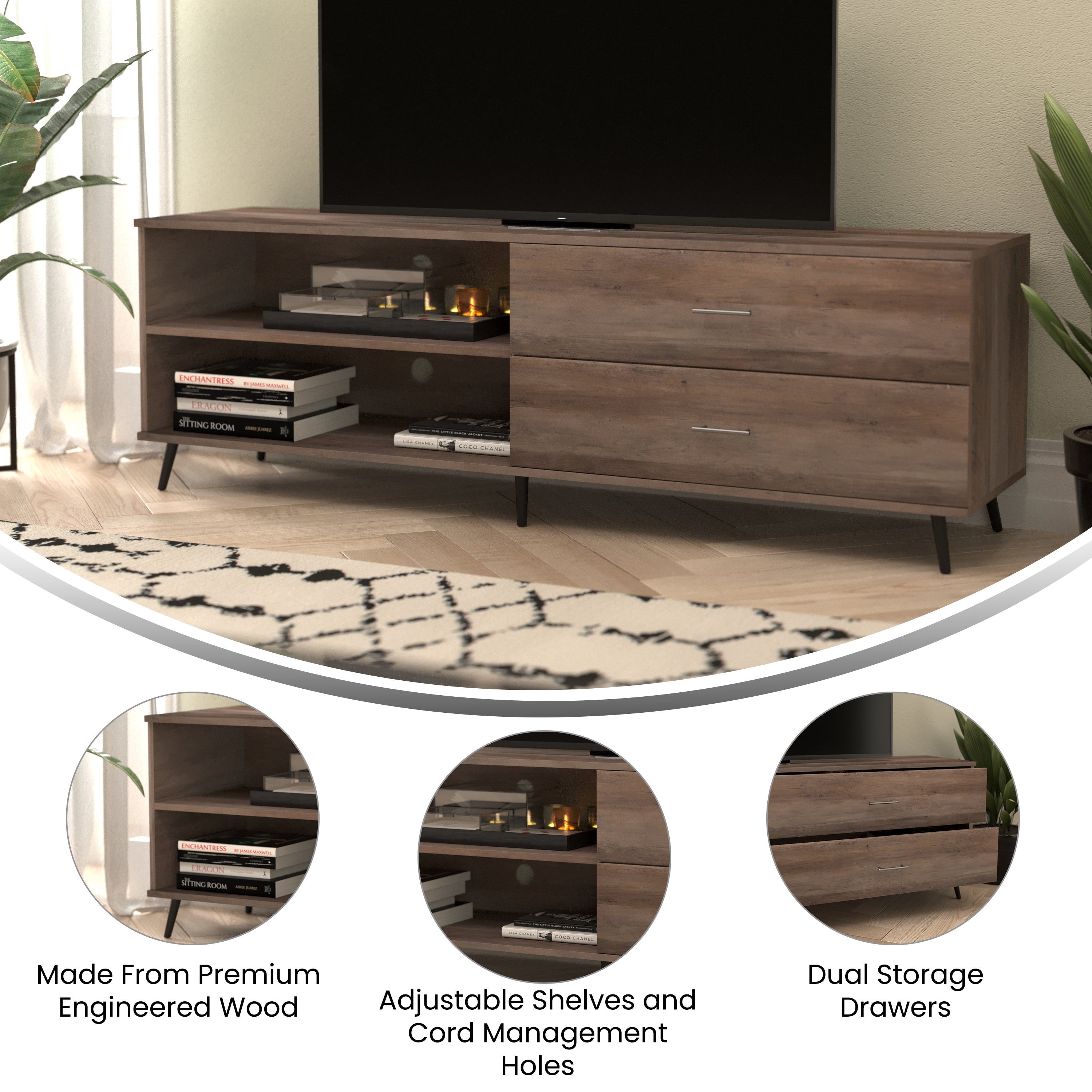 Nelson 65" Mid Century Modern TV Stand for up to 60" TV's with Adjustable Shelf and Storage Drawers, Walnut