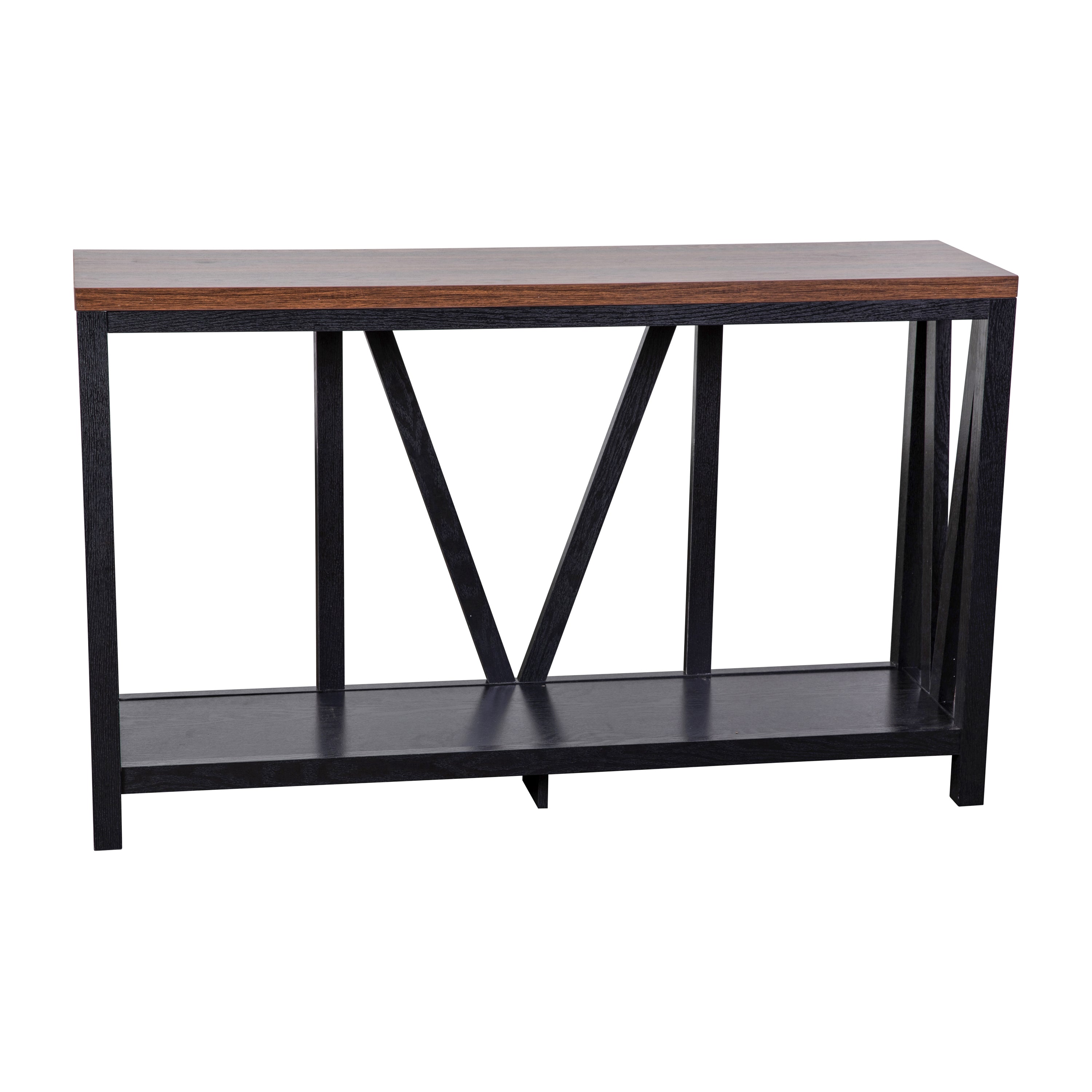 Charlotte Farmhouse 2-Tier Console Accent Table - Black Finish Engineered Wood Frame - Walnut Finish Tabletop - For Entryway or Living Room
