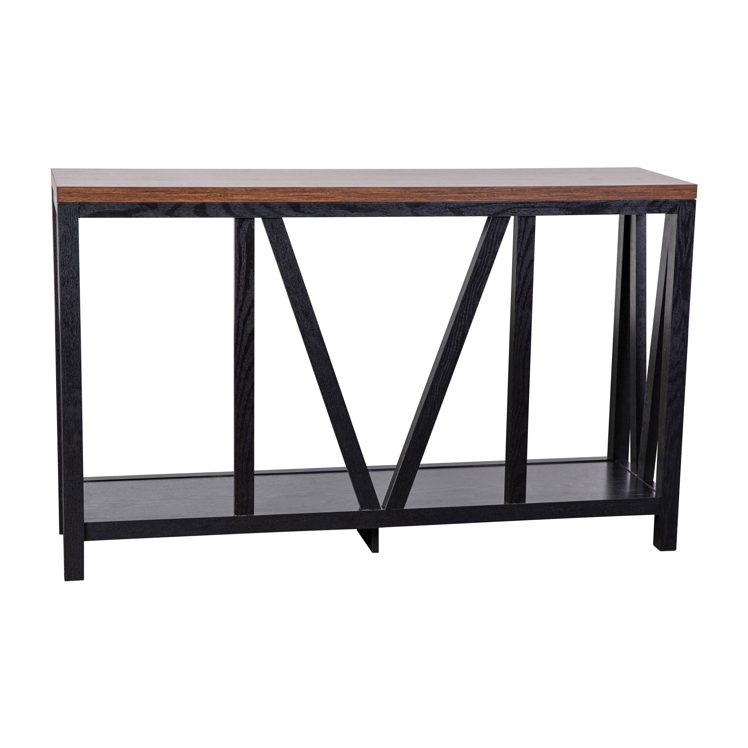Charlotte Farmhouse 2-Tier Console Accent Table - Black Finish Engineered Wood Frame - Walnut Finish Tabletop - For Entryway or Living Room