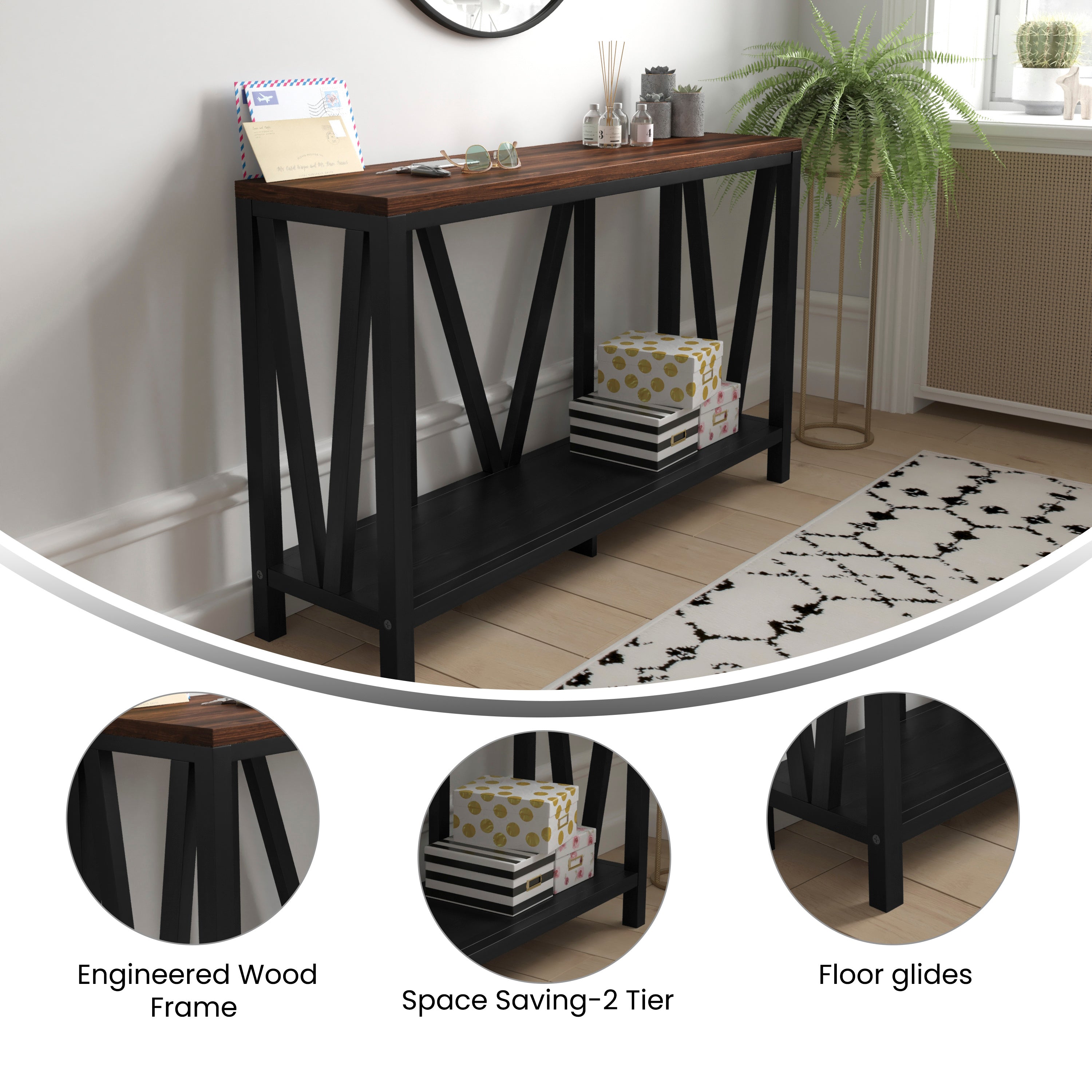 Charlotte Farmhouse 2-Tier Console Accent Table - Black Finish Engineered Wood Frame - Walnut Finish Tabletop - For Entryway or Living Room