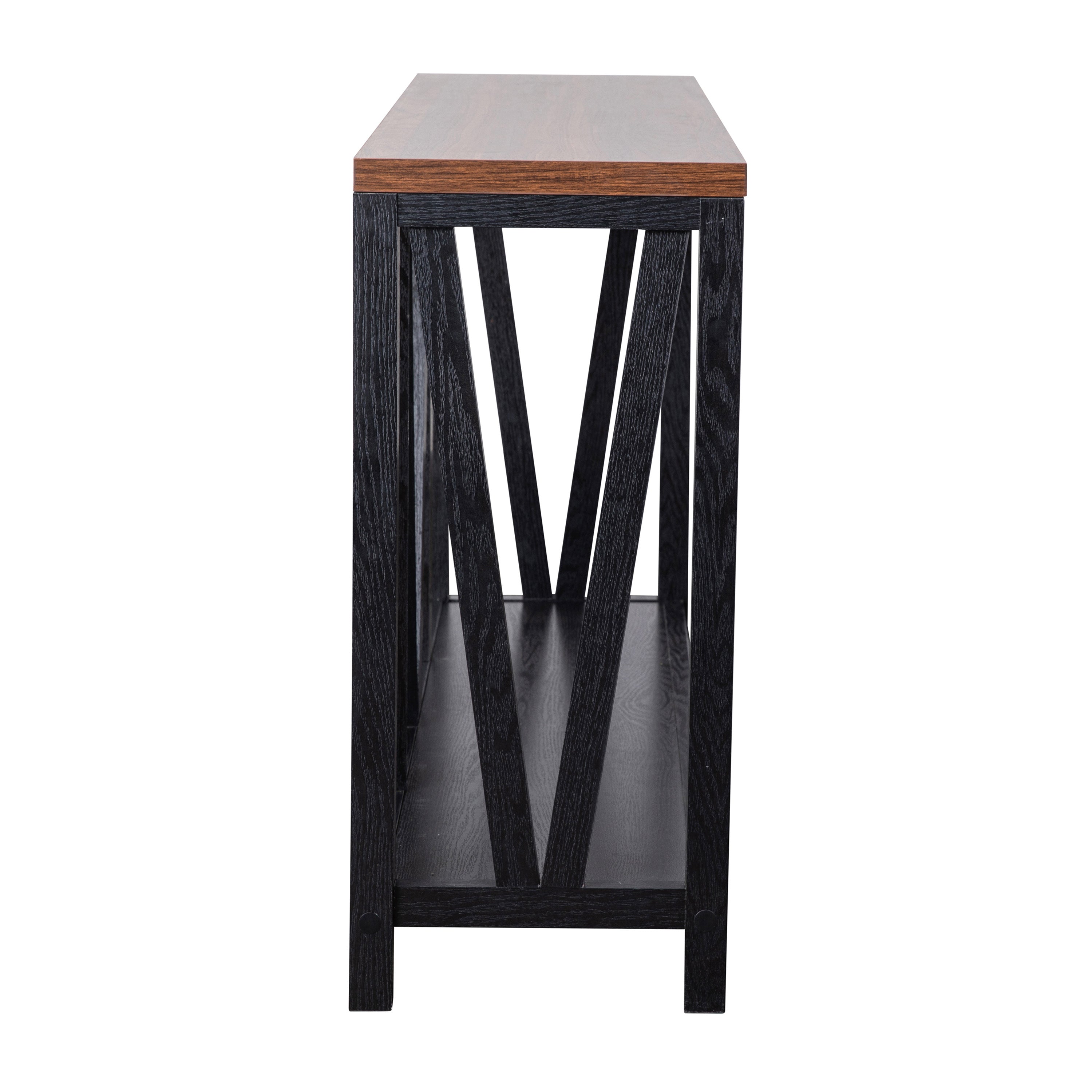 Charlotte Farmhouse 2-Tier Console Accent Table - Black Finish Engineered Wood Frame - Walnut Finish Tabletop - For Entryway or Living Room