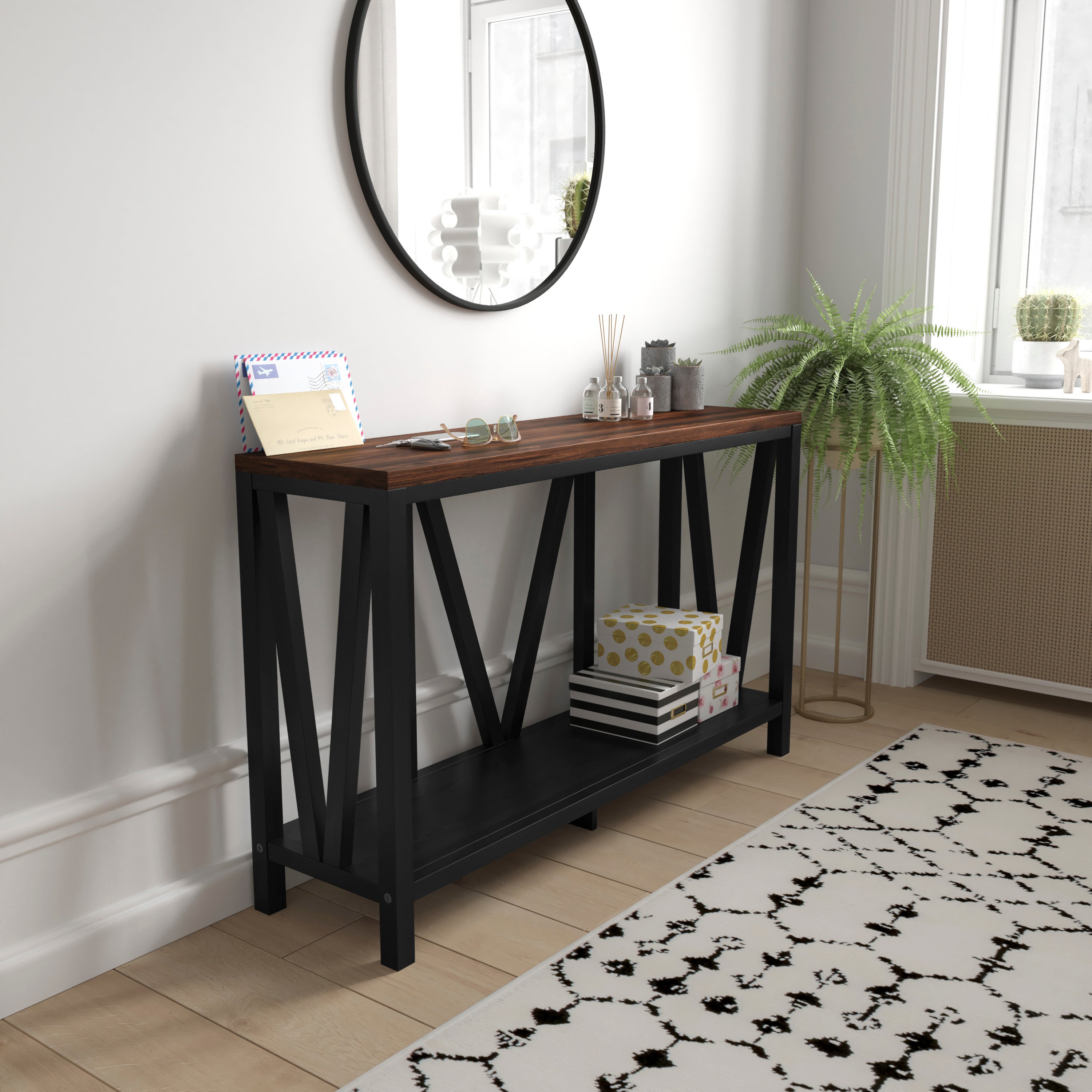 Charlotte Farmhouse 2-Tier Console Accent Table - Black Finish Engineered Wood Frame - Walnut Finish Tabletop - For Entryway or Living Room