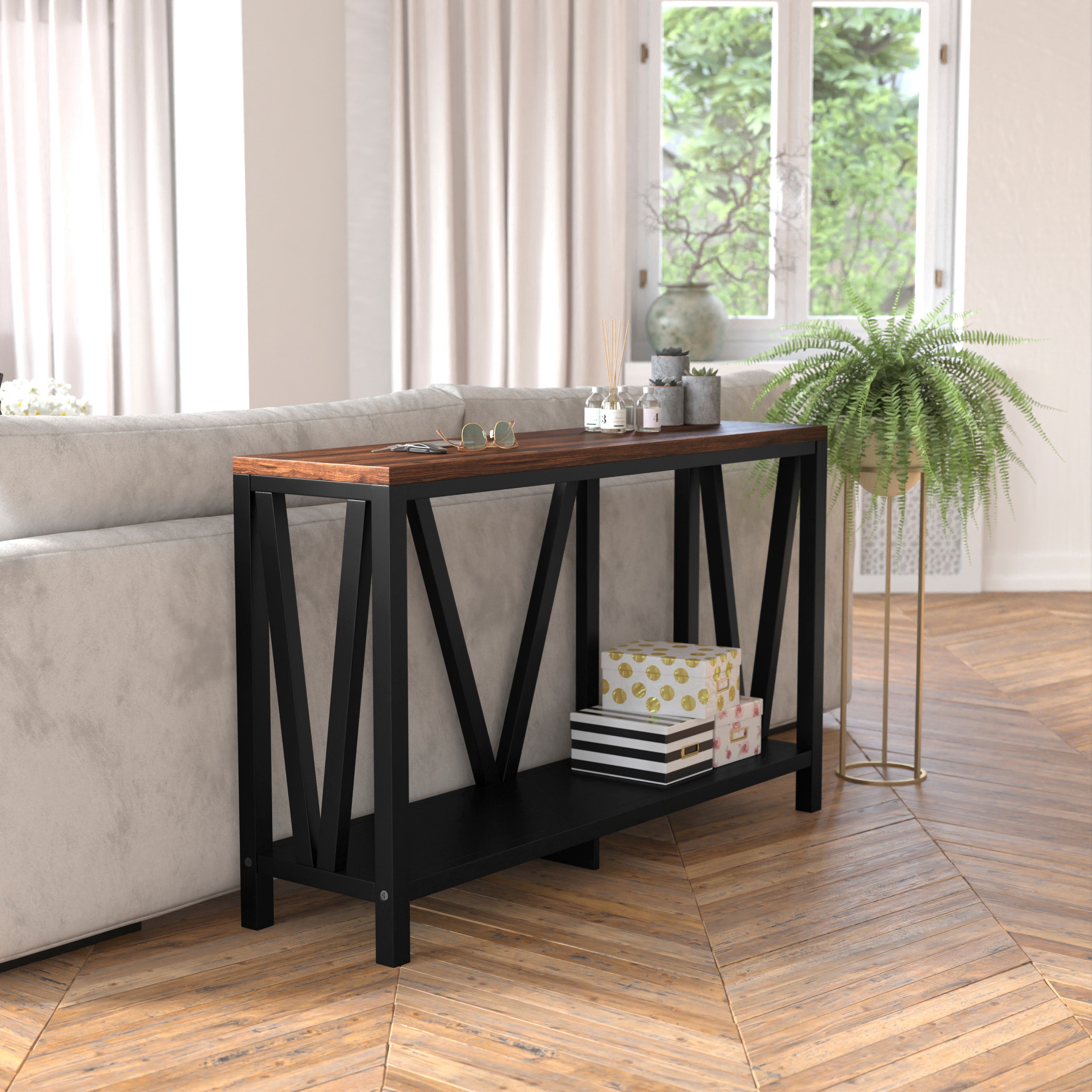 Charlotte Farmhouse 2-Tier Console Accent Table - Black Finish Engineered Wood Frame - Walnut Finish Tabletop - For Entryway or Living Room