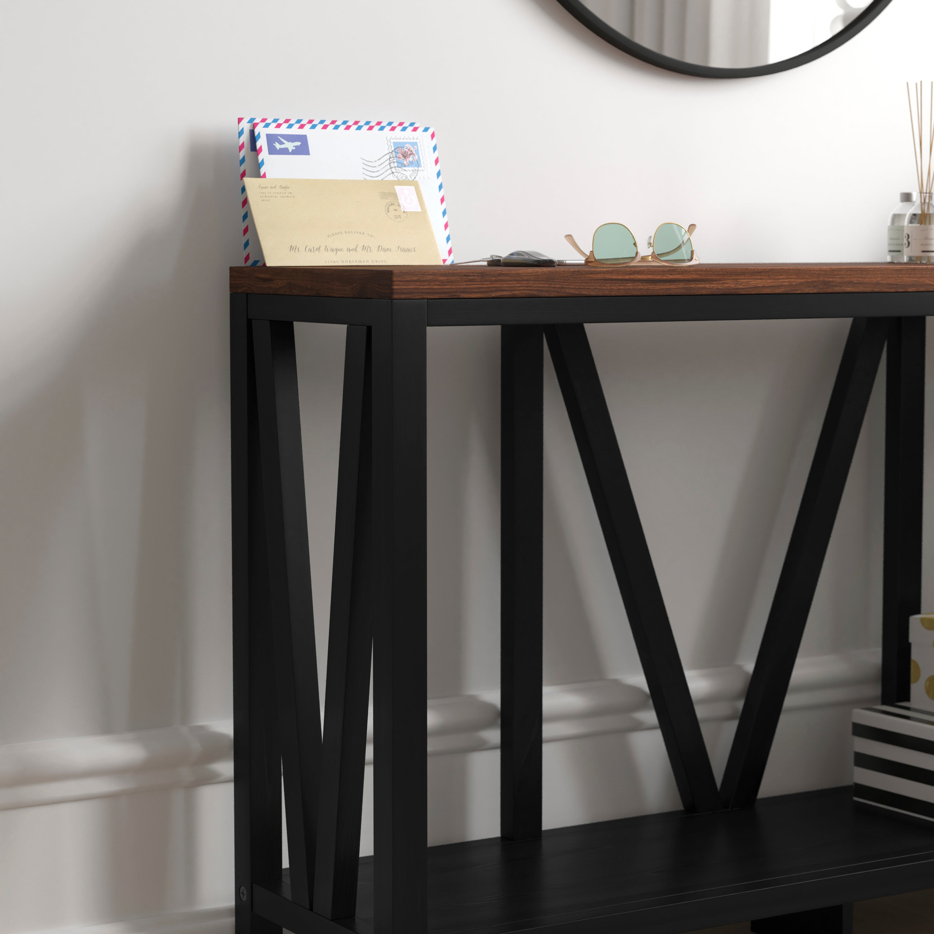 Charlotte Farmhouse 2-Tier Console Accent Table - Black Finish Engineered Wood Frame - Walnut Finish Tabletop - For Entryway or Living Room