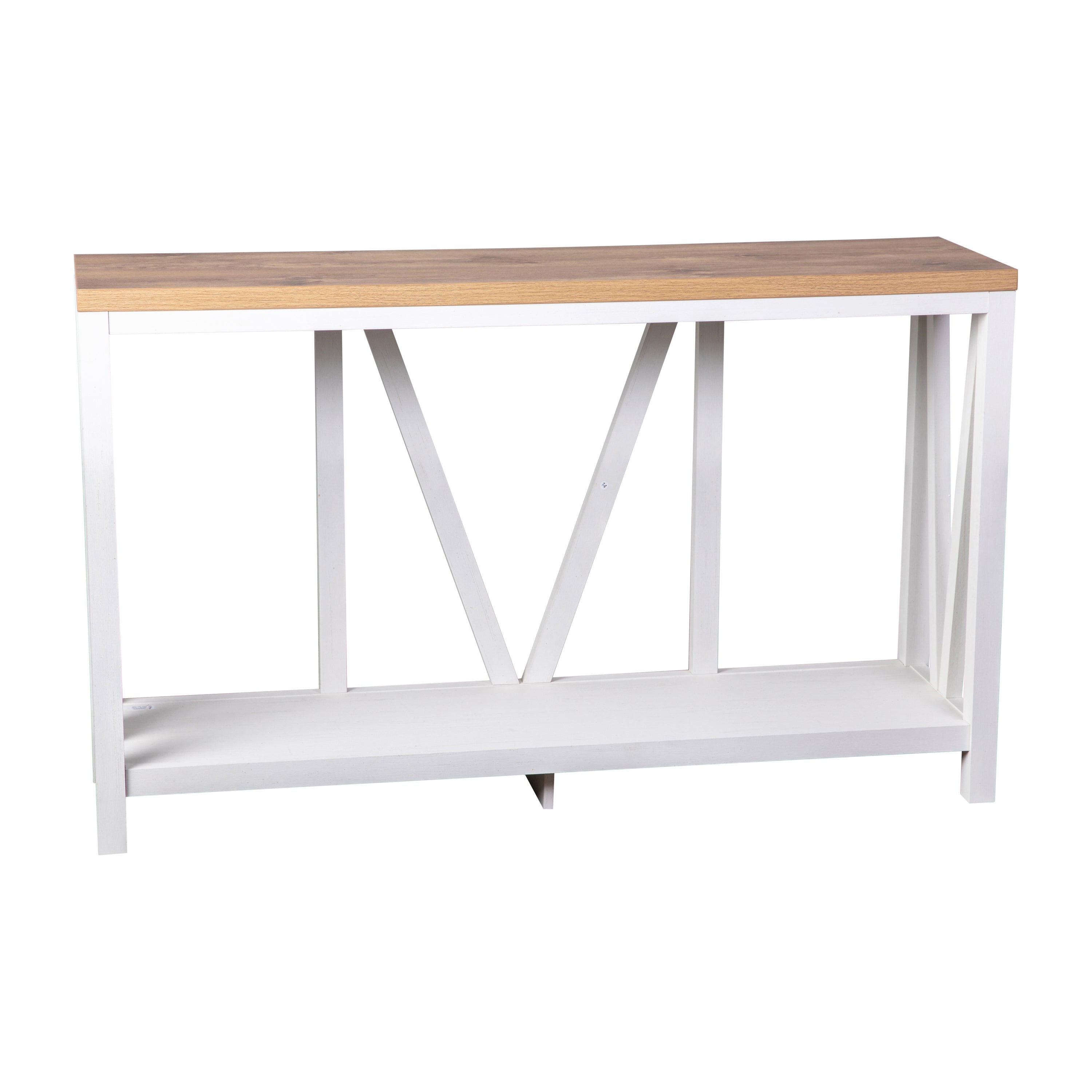 Charlotte Farmhouse 2-Tier Console Accent Table - Brushed White Finish Engineered Wood Frame - Warm Oak Finish Tabletop - For Entryway or Living Room