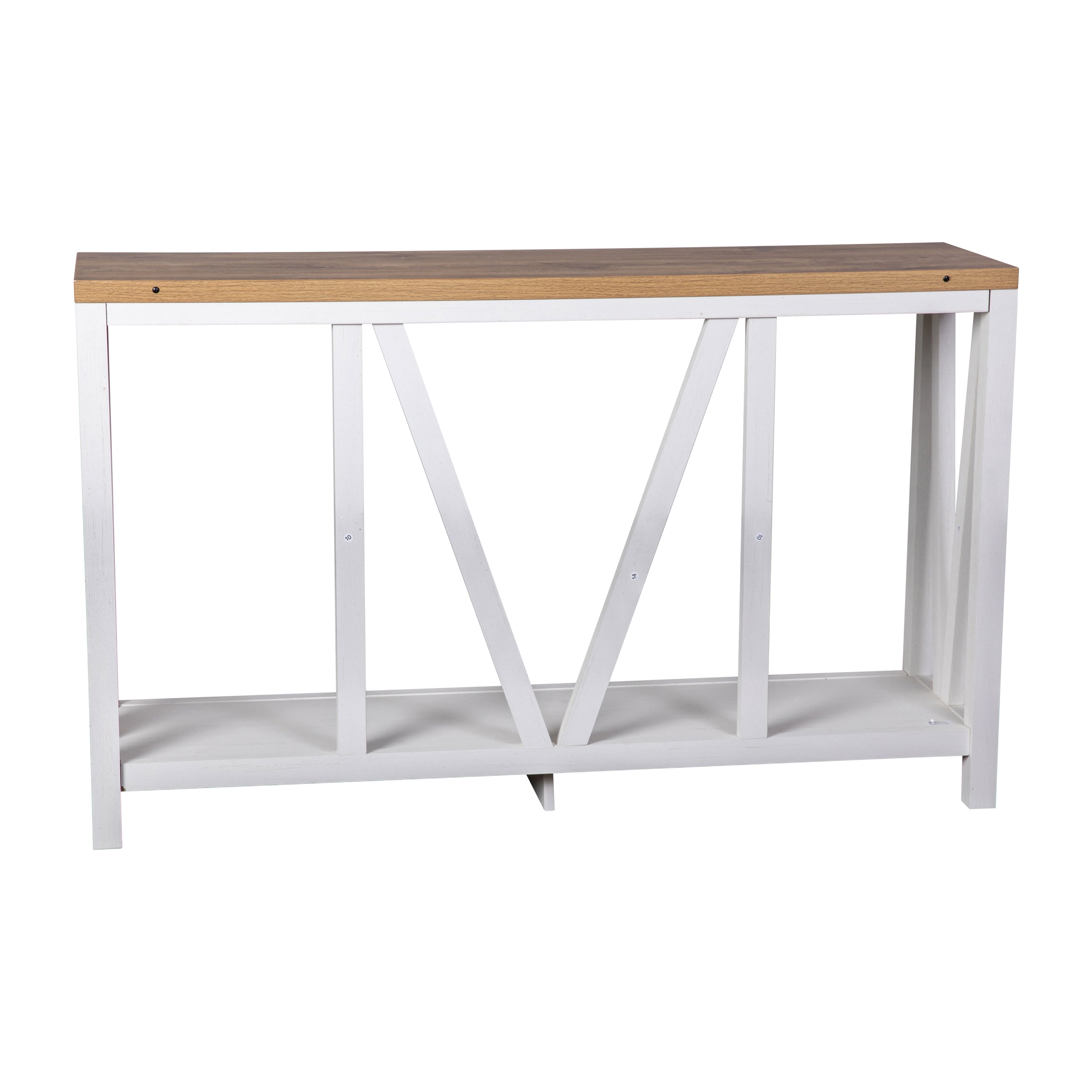Charlotte Farmhouse 2-Tier Console Accent Table - Brushed White Finish Engineered Wood Frame - Warm Oak Finish Tabletop - For Entryway or Living Room