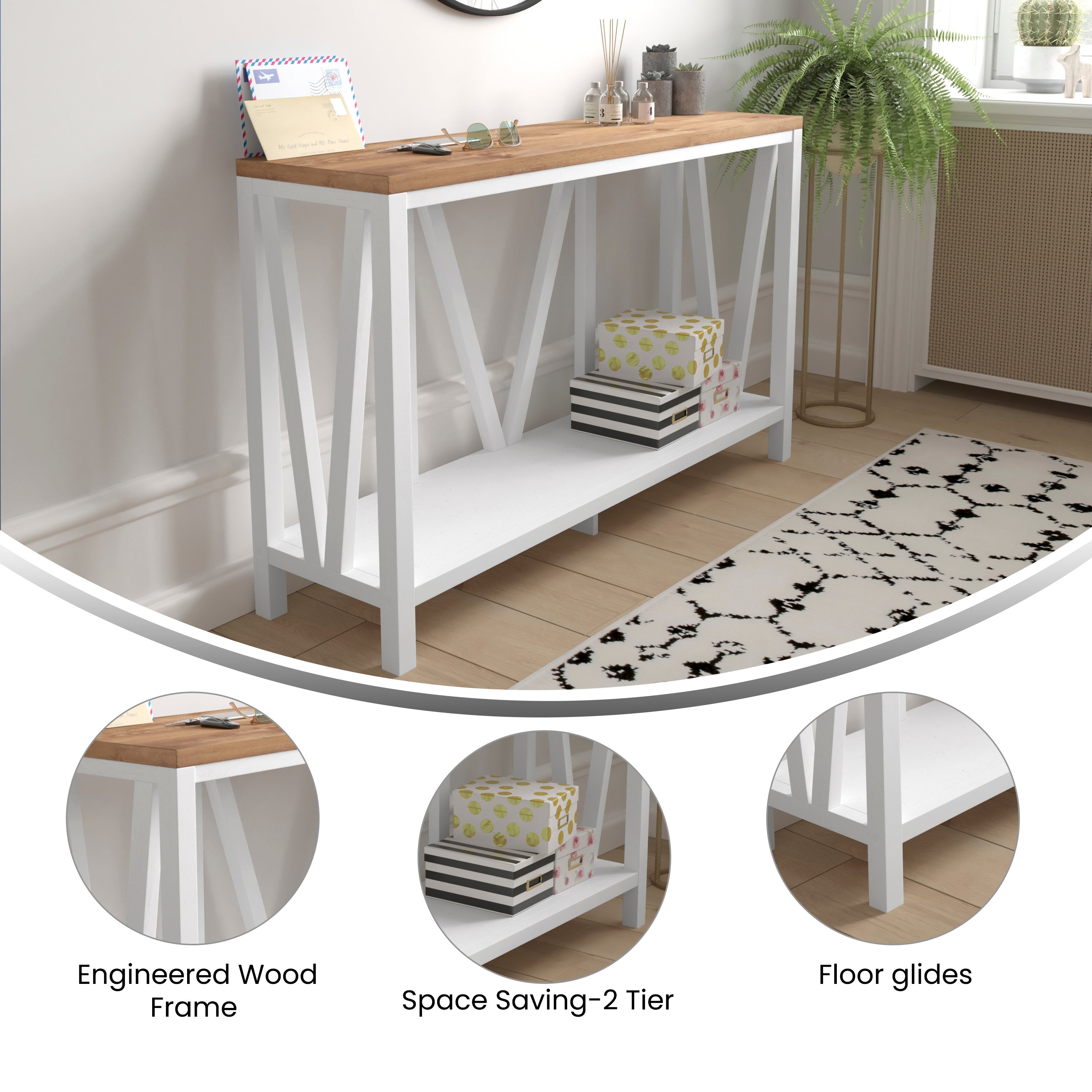 Charlotte Farmhouse 2-Tier Console Accent Table - Brushed White Finish Engineered Wood Frame - Warm Oak Finish Tabletop - For Entryway or Living Room