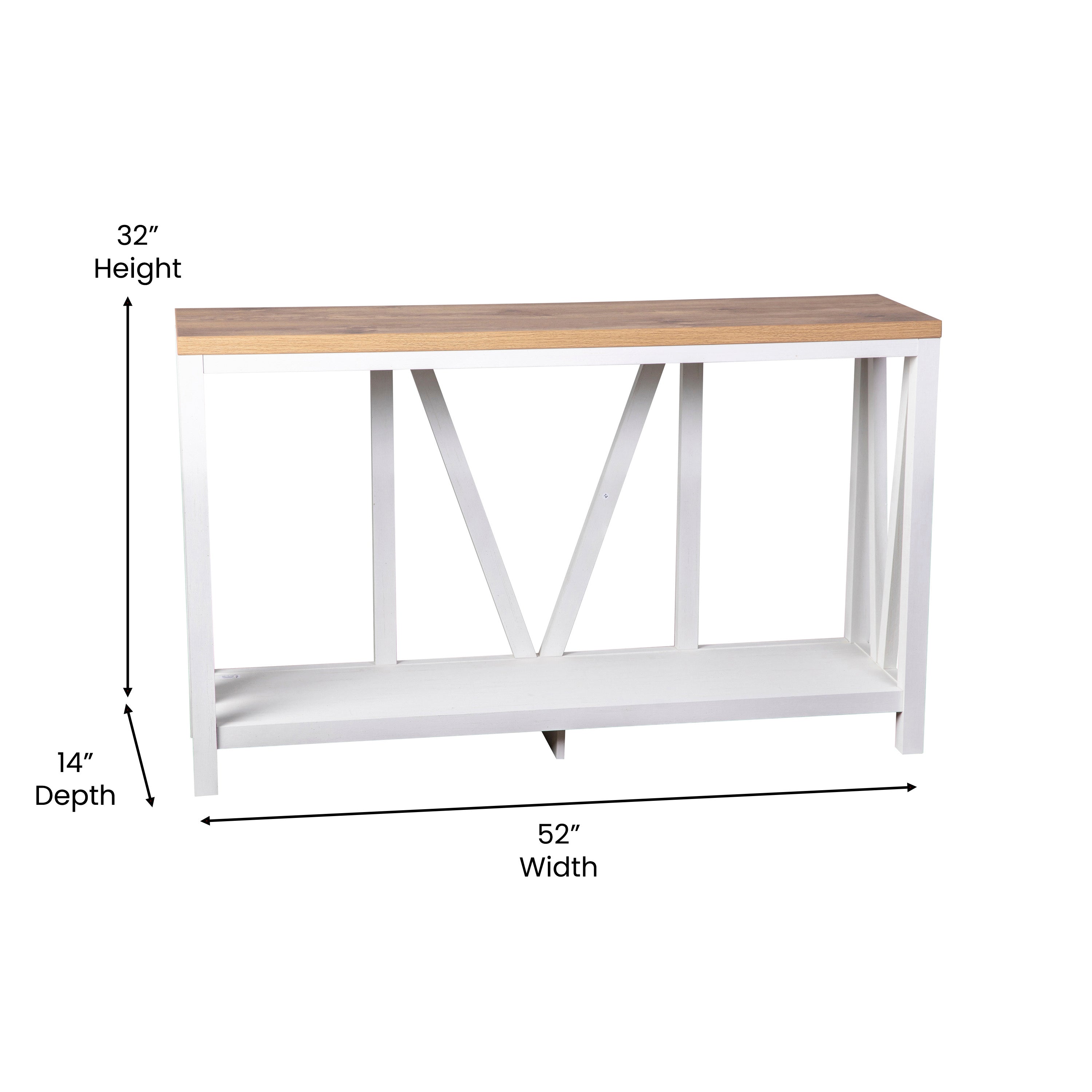 Charlotte Farmhouse 2-Tier Console Accent Table - Brushed White Finish Engineered Wood Frame - Warm Oak Finish Tabletop - For Entryway or Living Room