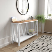 Charlotte Farmhouse 2-Tier Console Accent Table - Brushed White Finish Engineered Wood Frame - Warm Oak Finish Tabletop - For Entryway or Living Room