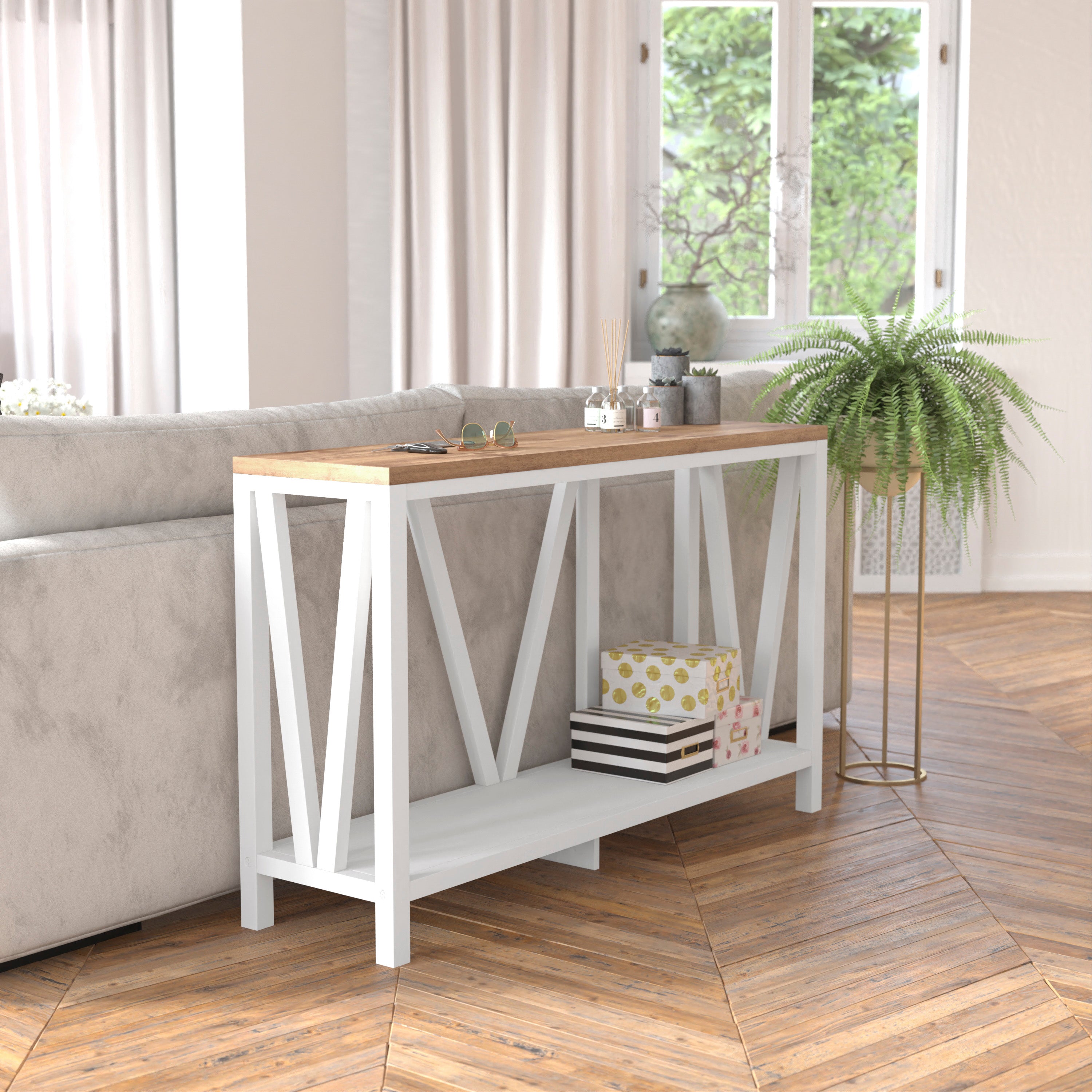 Charlotte Farmhouse 2-Tier Console Accent Table - Brushed White Finish Engineered Wood Frame - Warm Oak Finish Tabletop - For Entryway or Living Room