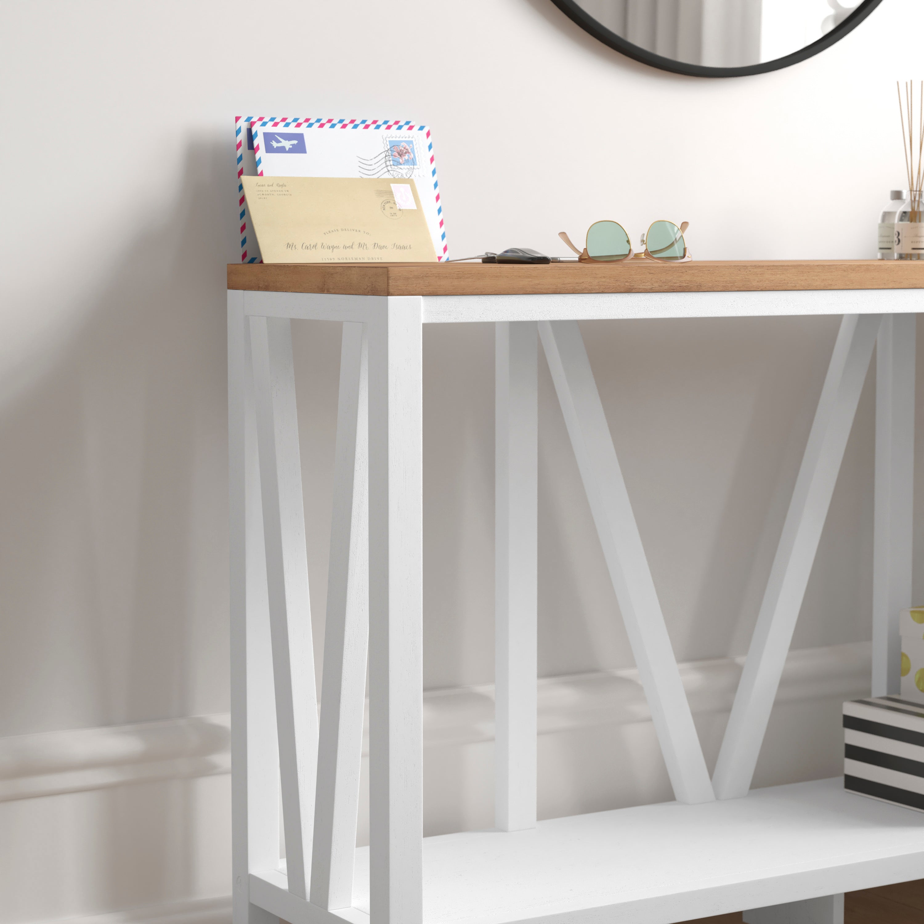Charlotte Farmhouse 2-Tier Console Accent Table - Brushed White Finish Engineered Wood Frame - Warm Oak Finish Tabletop - For Entryway or Living Room