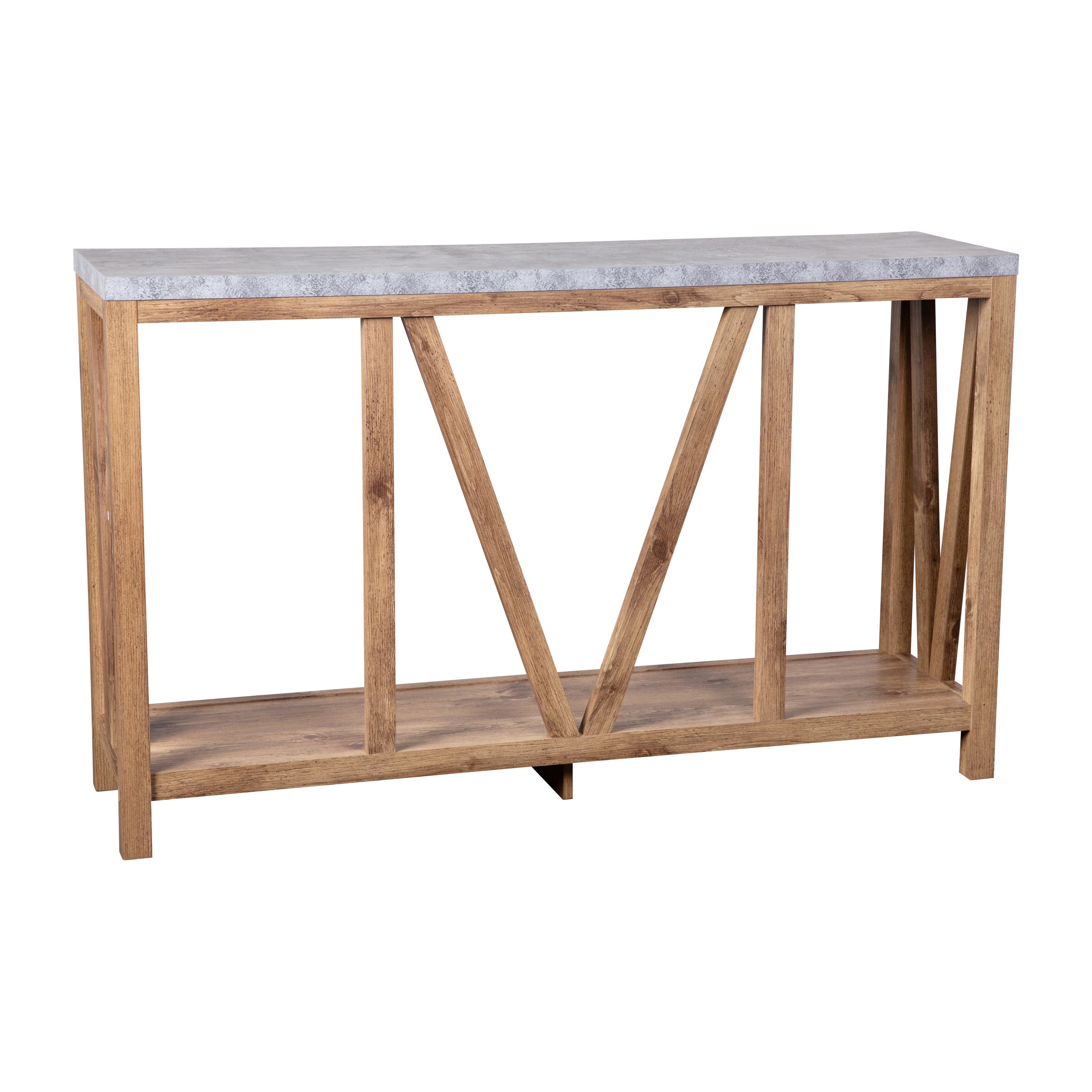 Charlotte Farmhouse 2-Tier Console Accent Table -Warm Oak Finish Engineered Wood Frame - Concrete Finish Tabletop - For Entryway or Living Room
