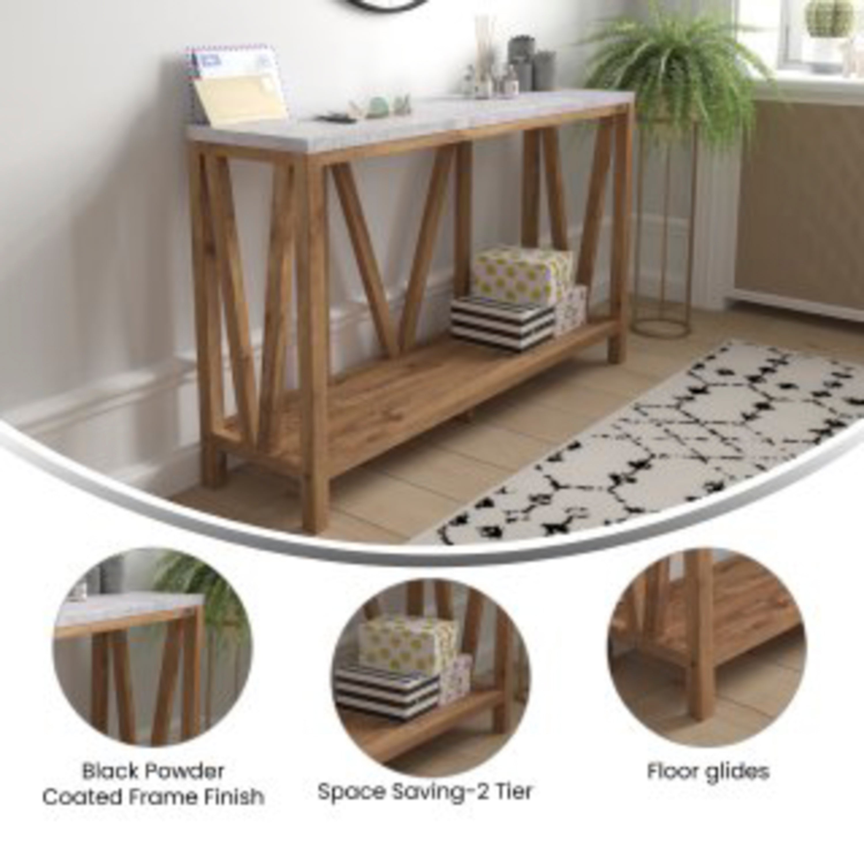 Charlotte Farmhouse 2-Tier Console Accent Table -Warm Oak Finish Engineered Wood Frame - Concrete Finish Tabletop - For Entryway or Living Room