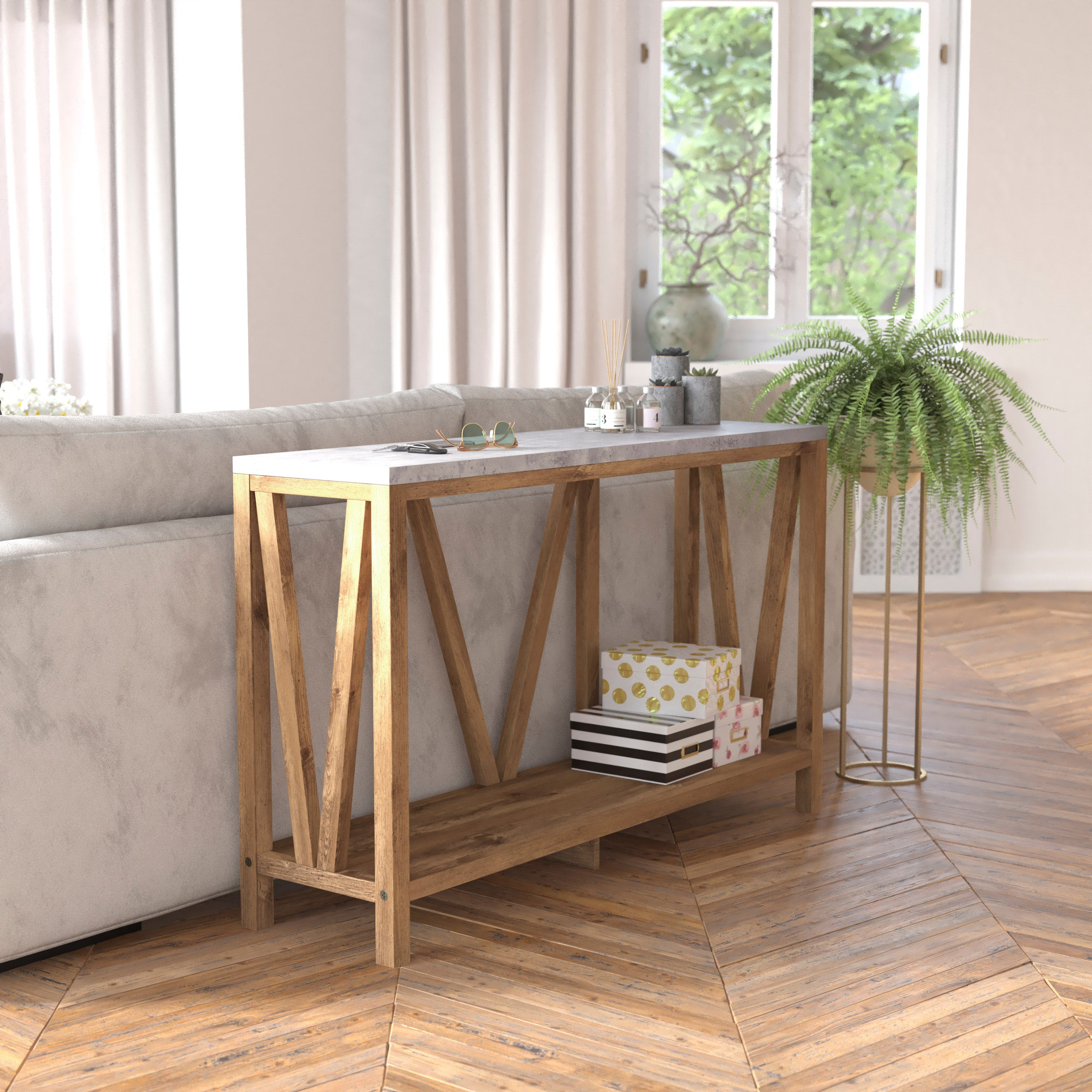 Charlotte Farmhouse 2-Tier Console Accent Table -Warm Oak Finish Engineered Wood Frame - Concrete Finish Tabletop - For Entryway or Living Room