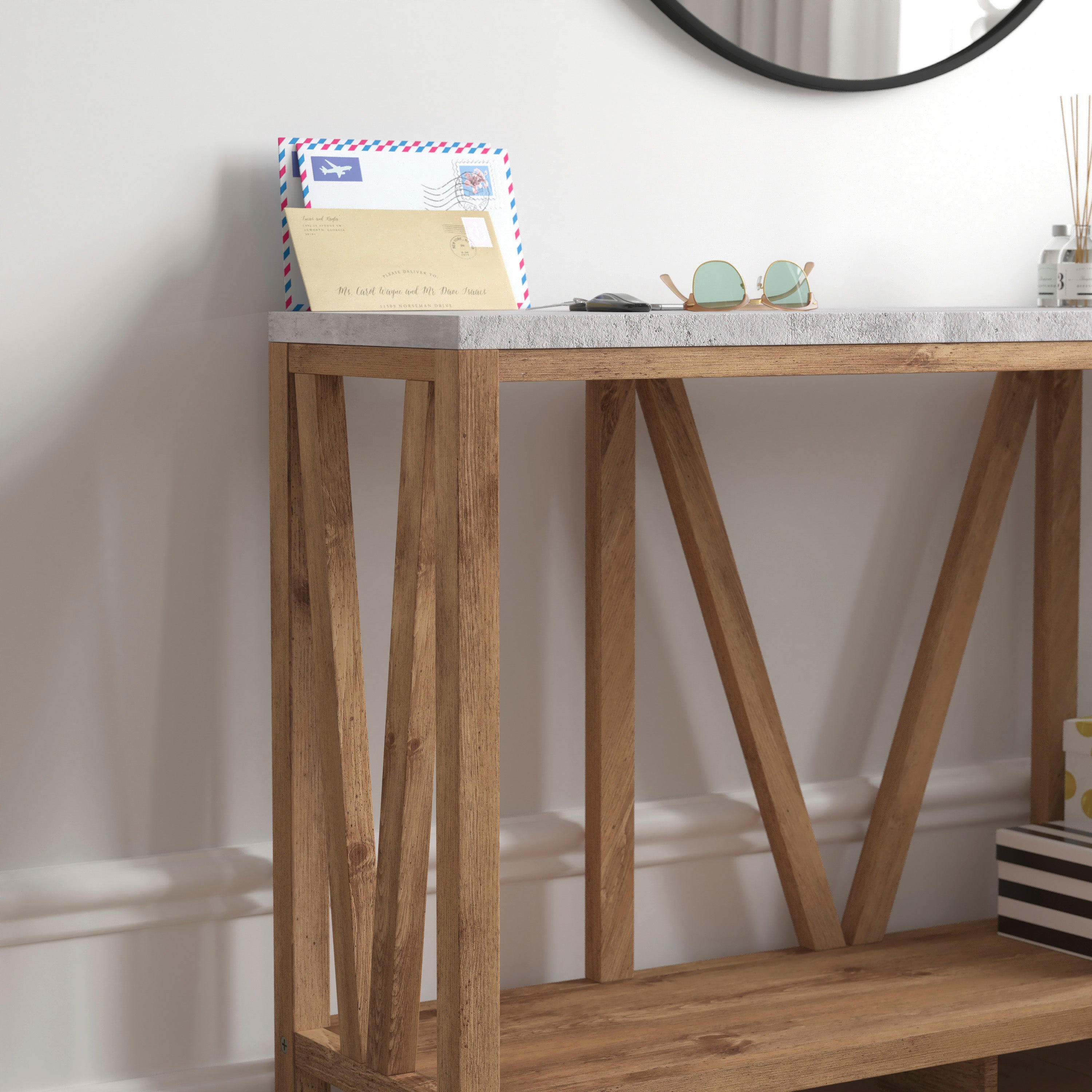Charlotte Farmhouse 2-Tier Console Accent Table -Warm Oak Finish Engineered Wood Frame - Concrete Finish Tabletop - For Entryway or Living Room