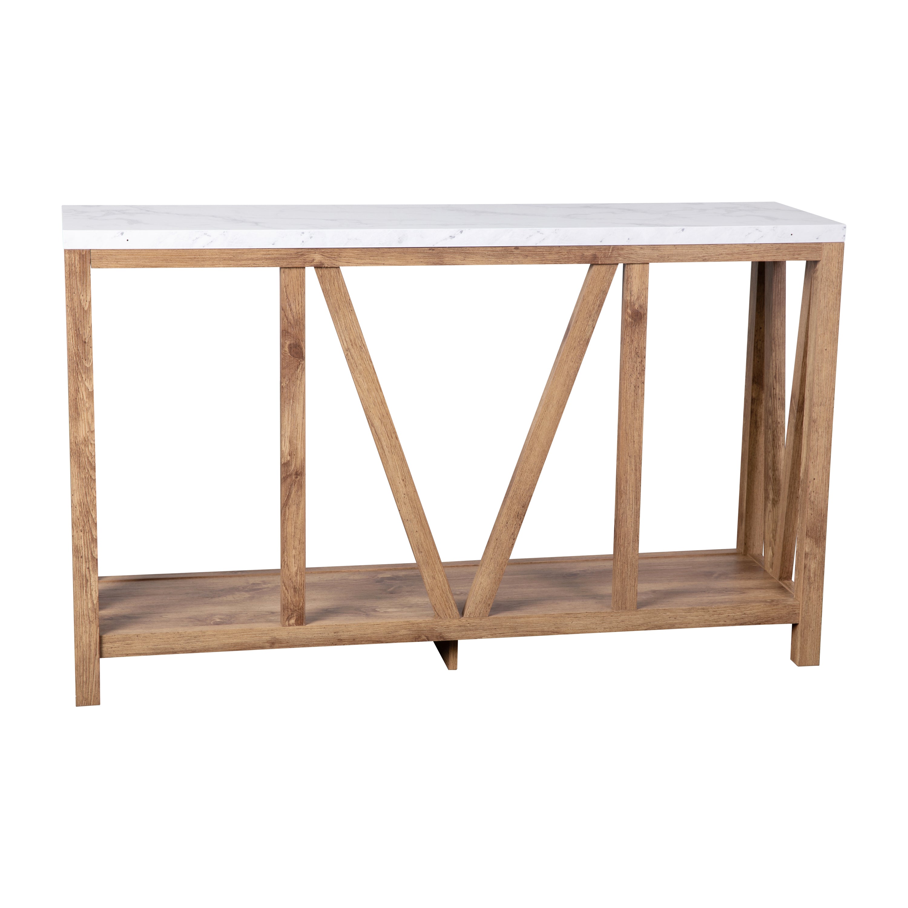 Charlotte Farmhouse 2-Tier Console Accent Table - Warm Oak Finish Engineered Wood Frame - Marble Finish Tabletop - For Entryway or Living Room