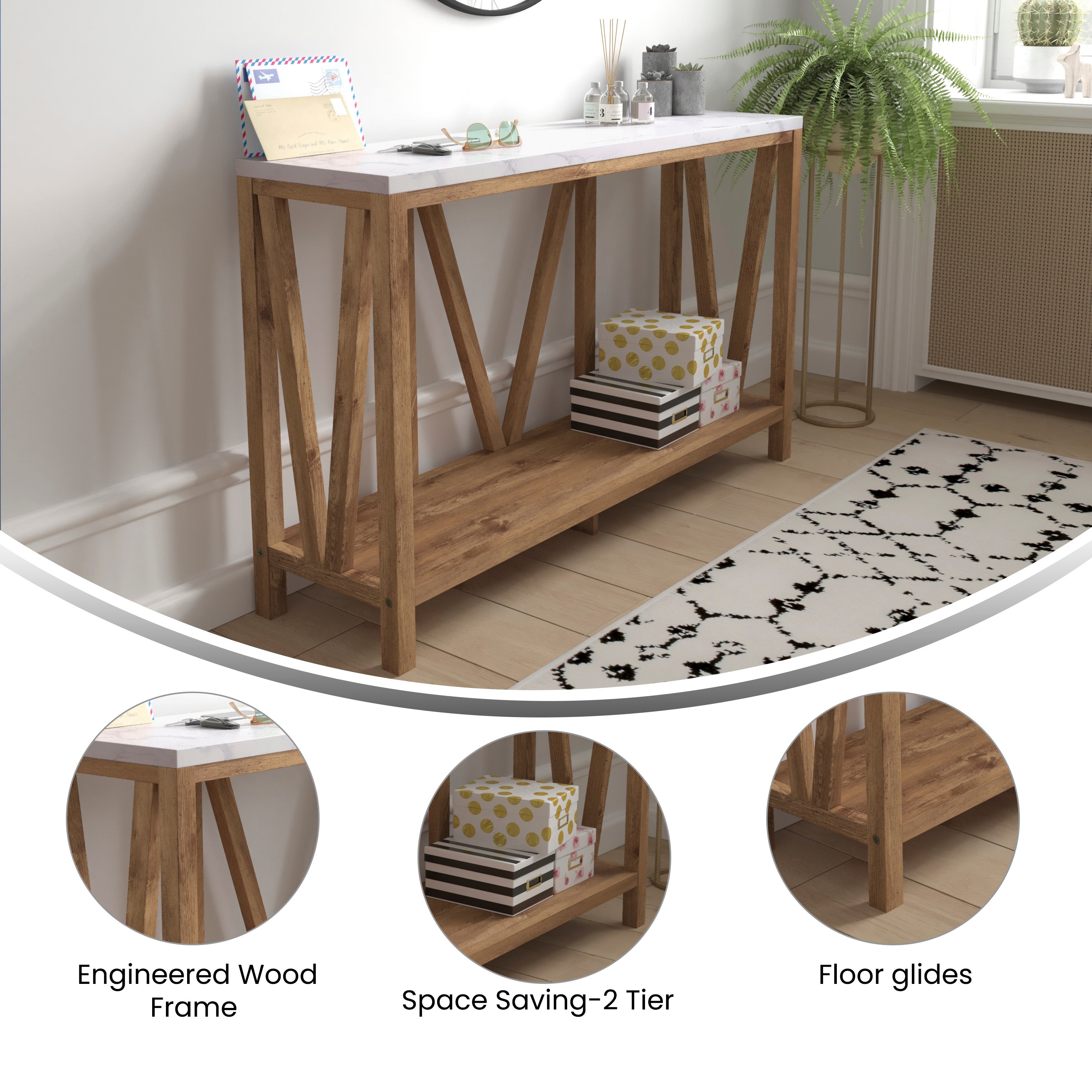 Charlotte Farmhouse 2-Tier Console Accent Table - Warm Oak Finish Engineered Wood Frame - Marble Finish Tabletop - For Entryway or Living Room