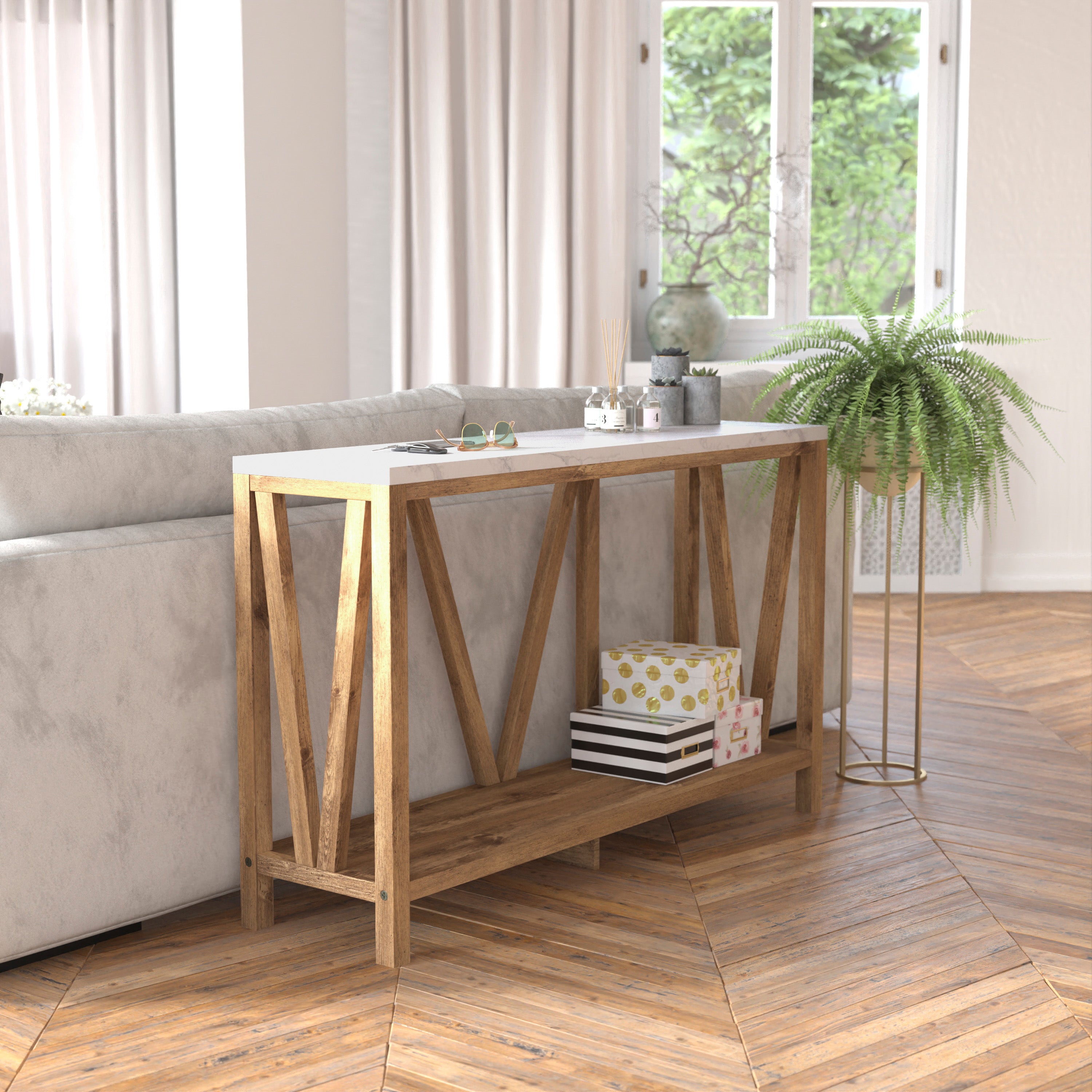 Charlotte Farmhouse 2-Tier Console Accent Table - Warm Oak Finish Engineered Wood Frame - Marble Finish Tabletop - For Entryway or Living Room