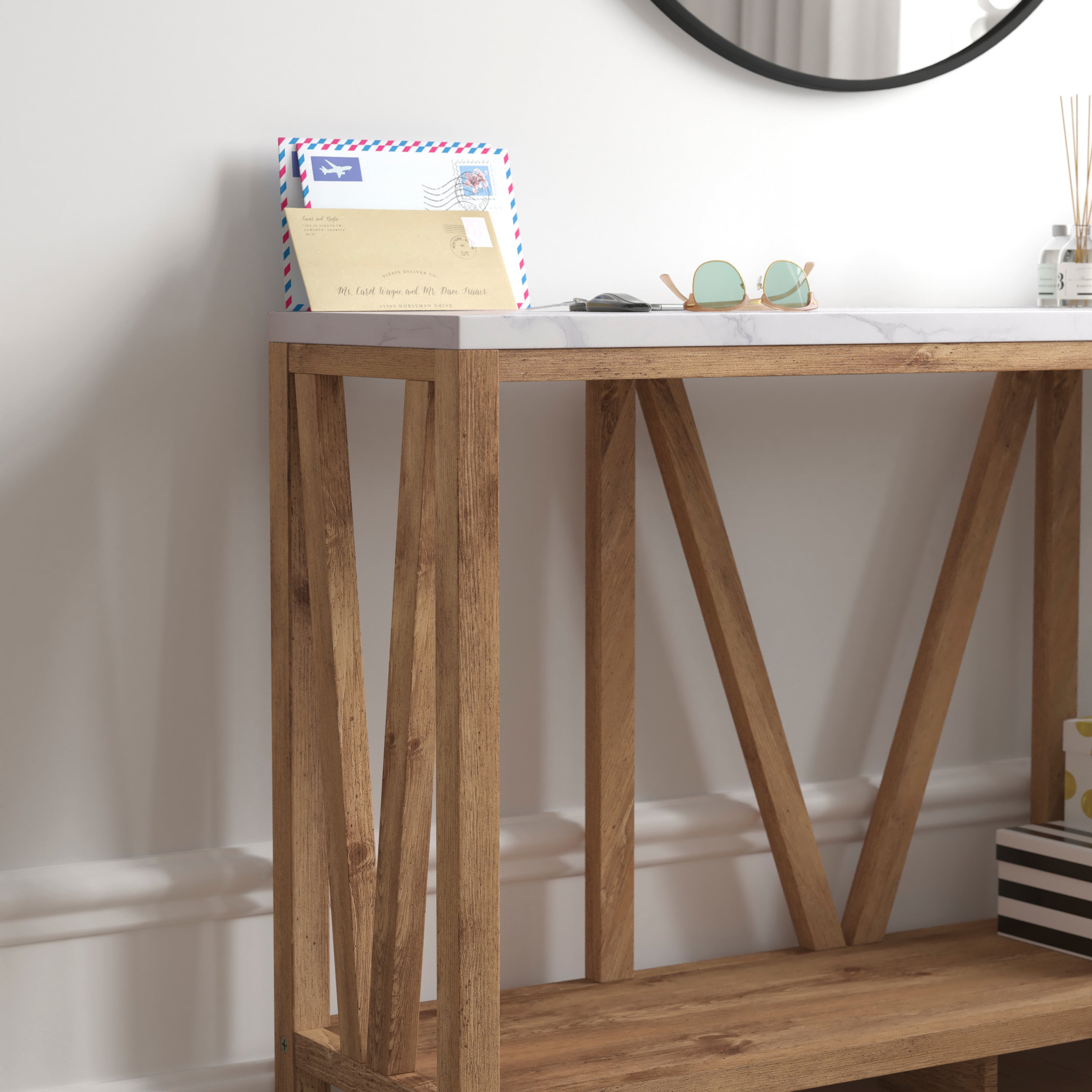 Charlotte Farmhouse 2-Tier Console Accent Table - Warm Oak Finish Engineered Wood Frame - Marble Finish Tabletop - For Entryway or Living Room