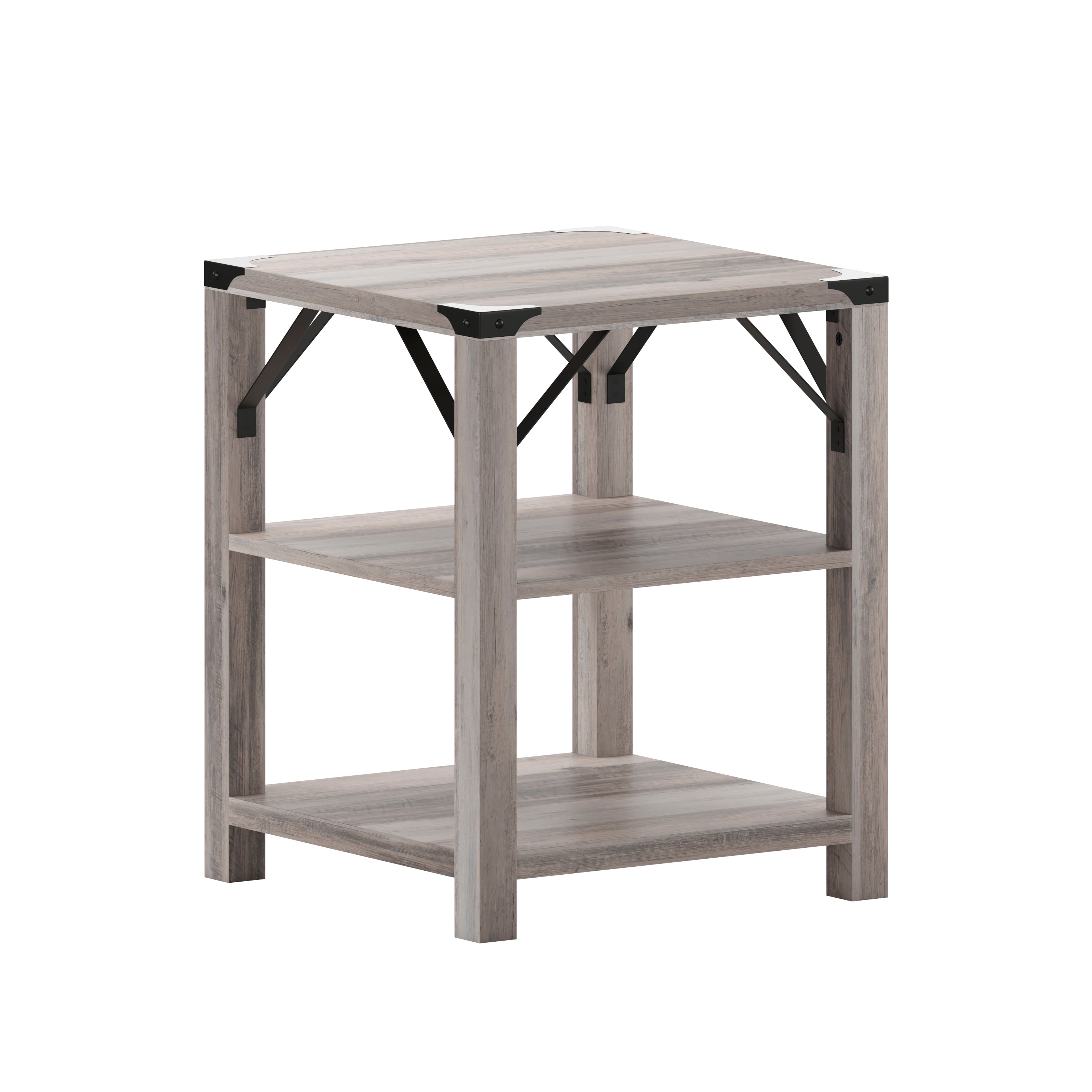 Wyatt Modern Farmhouse Wooden 3 Tier End Table with Black Metal Corner Accents and Cross Bracing, Gray Wash