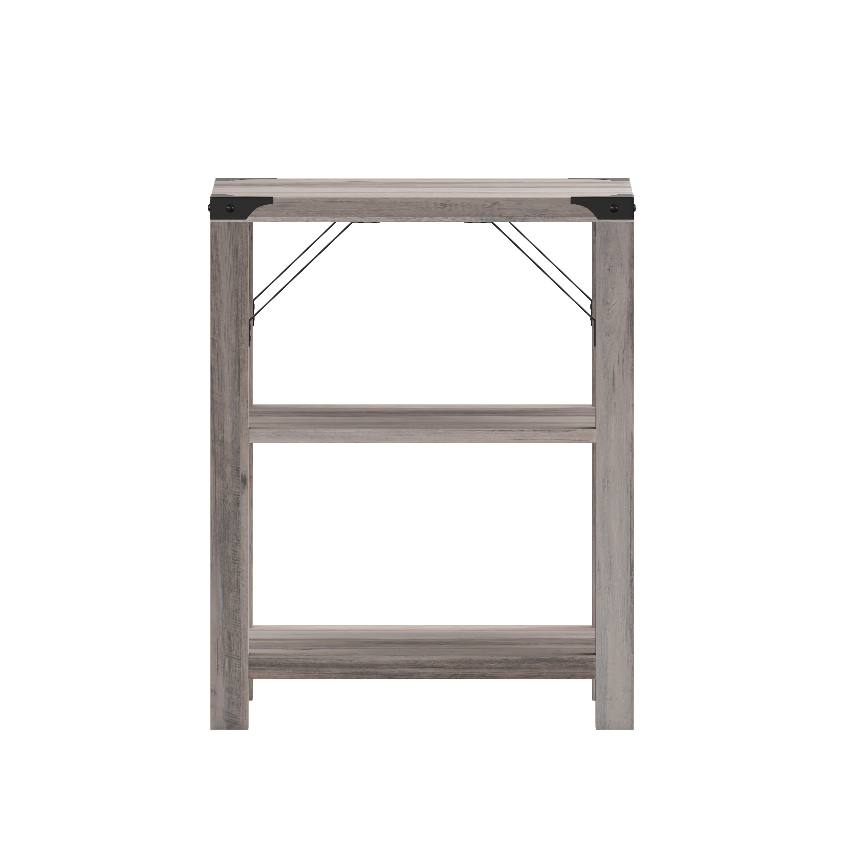 Wyatt Modern Farmhouse Wooden 3 Tier End Table with Black Metal Corner Accents and Cross Bracing, Gray Wash