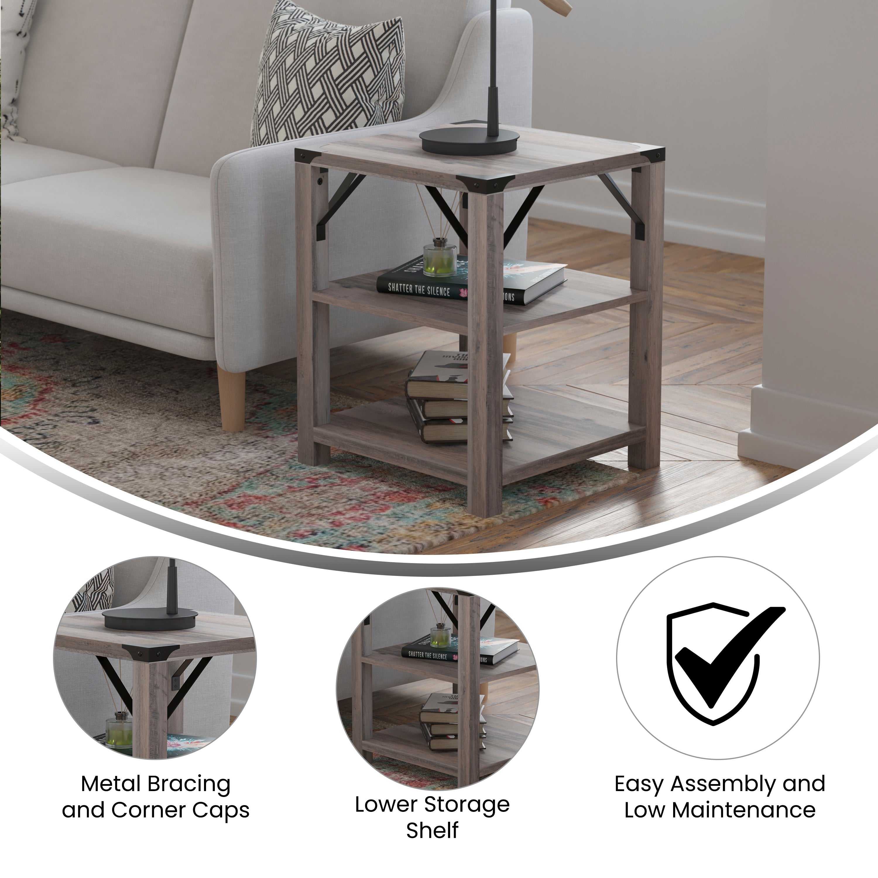 Wyatt Modern Farmhouse Wooden 3 Tier End Table with Black Metal Corner Accents and Cross Bracing, Gray Wash
