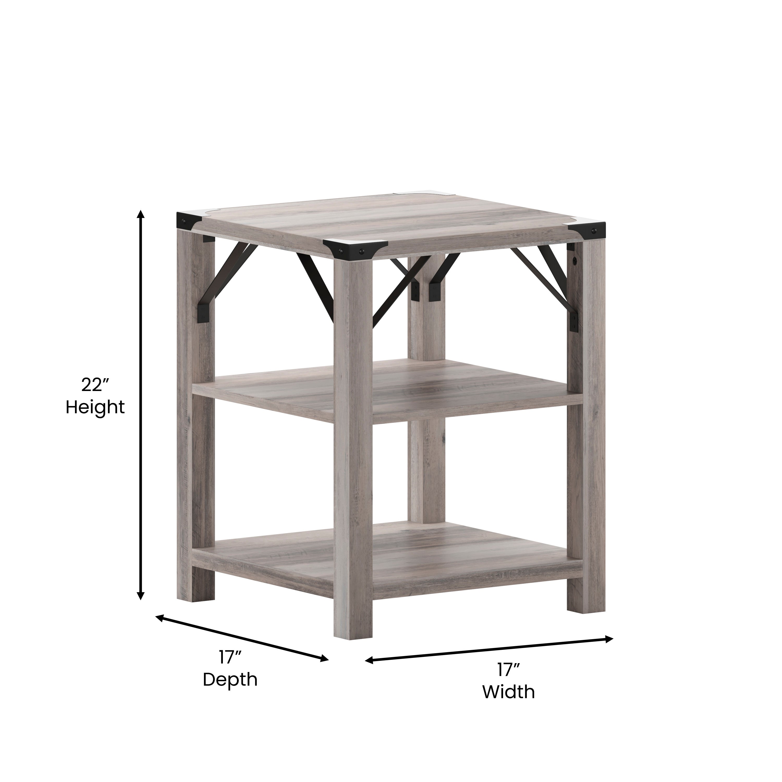 Wyatt Modern Farmhouse Wooden 3 Tier End Table with Black Metal Corner Accents and Cross Bracing, Gray Wash