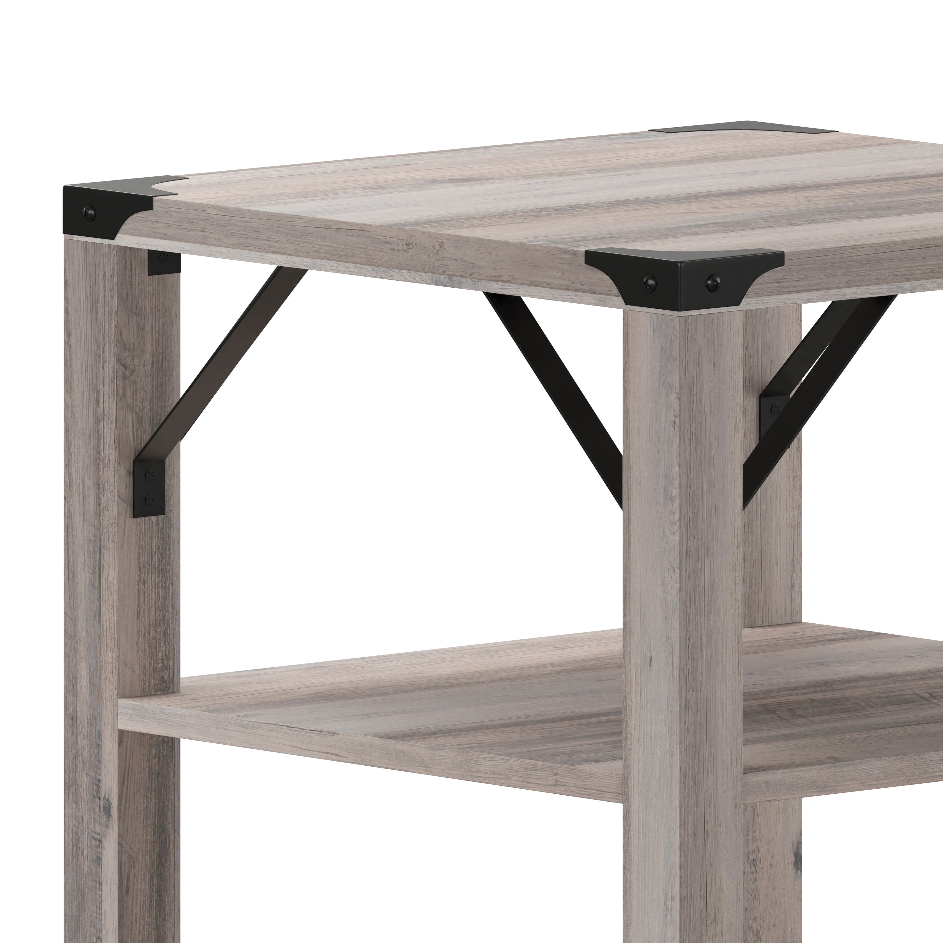 Wyatt Modern Farmhouse Wooden 3 Tier End Table with Black Metal Corner Accents and Cross Bracing, Gray Wash