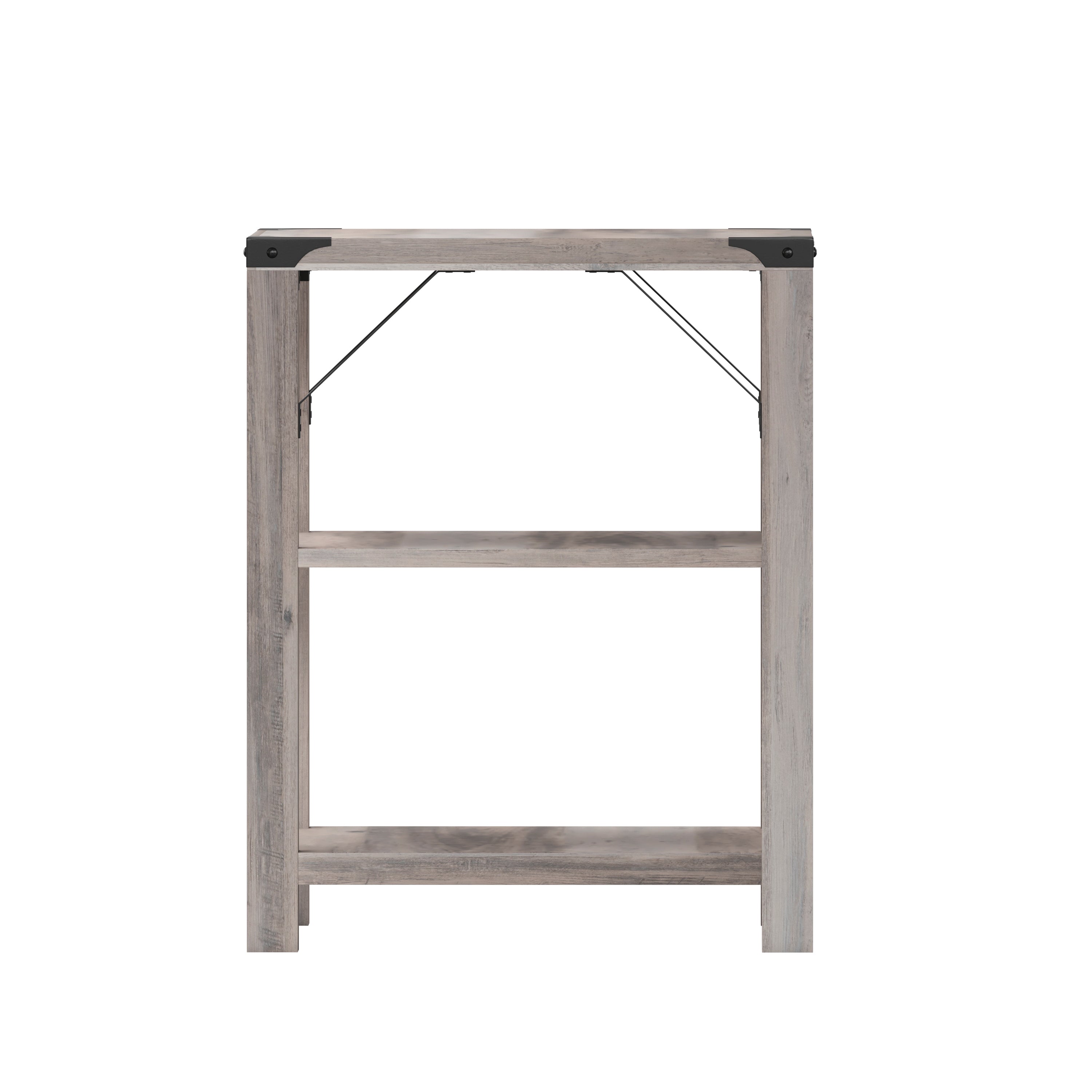 Wyatt Modern Farmhouse Wooden 3 Tier End Table with Black Metal Corner Accents and Cross Bracing, Gray Wash