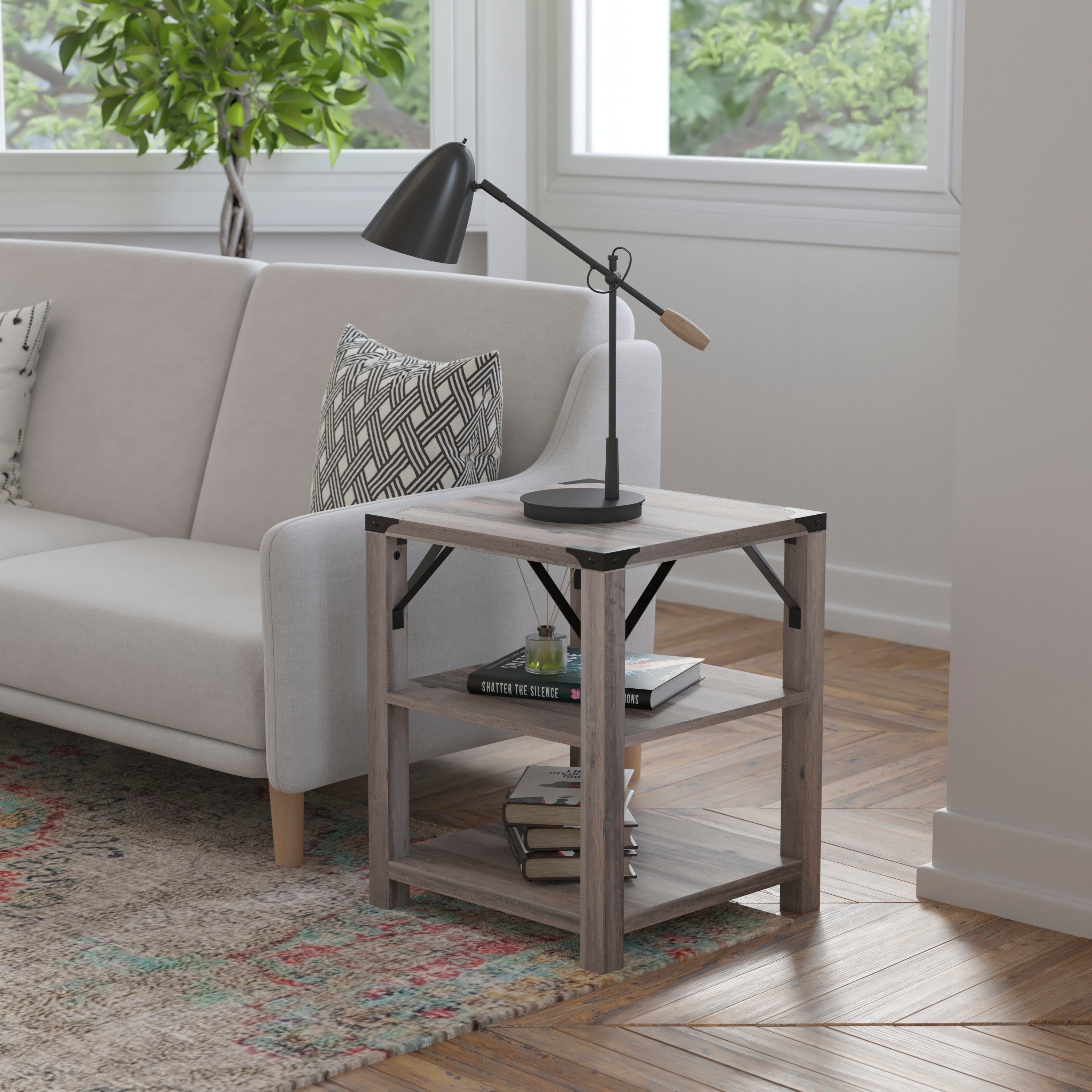 Wyatt Modern Farmhouse Wooden 3 Tier End Table with Black Metal Corner Accents and Cross Bracing, Gray Wash