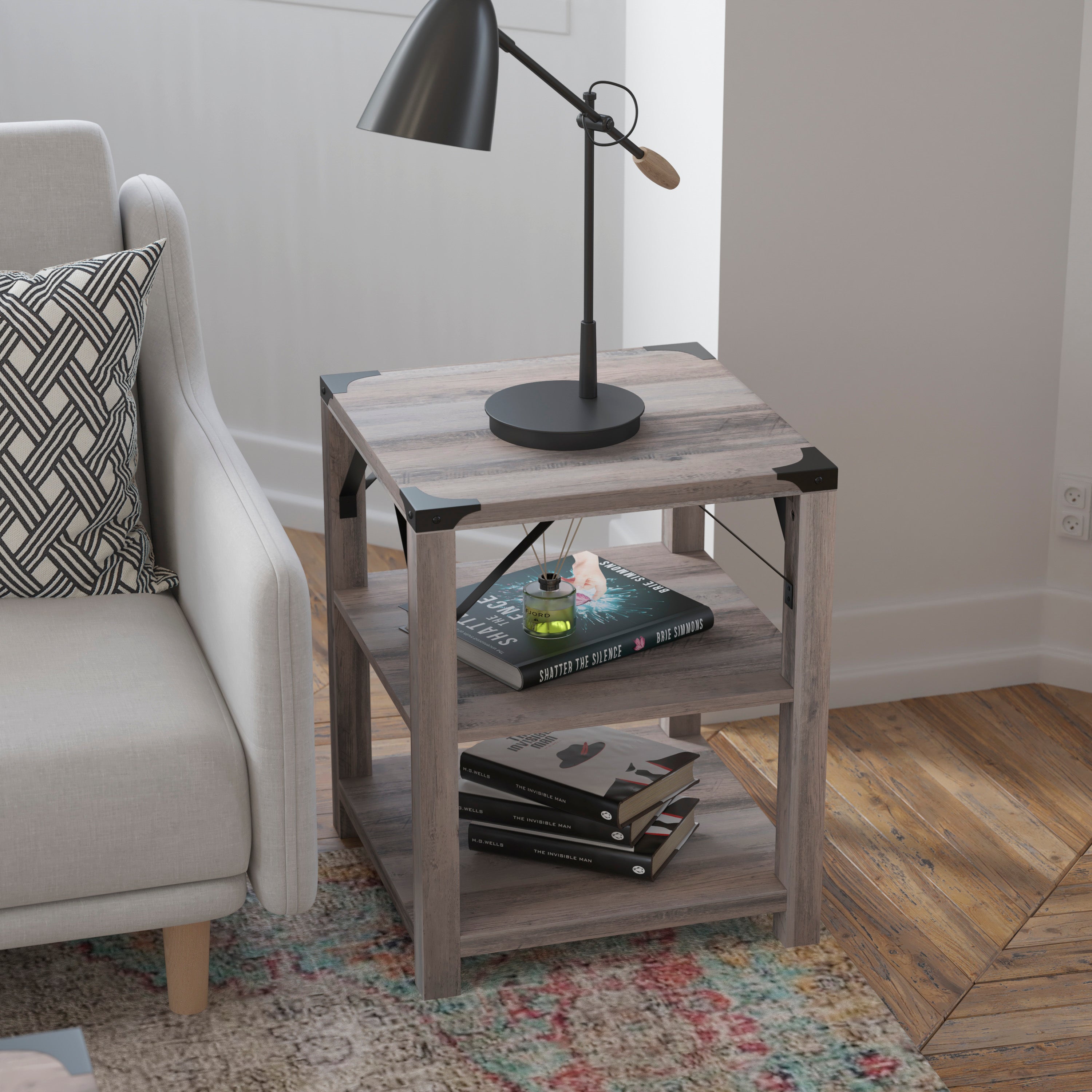Wyatt Modern Farmhouse Wooden 3 Tier End Table with Black Metal Corner Accents and Cross Bracing, Gray Wash