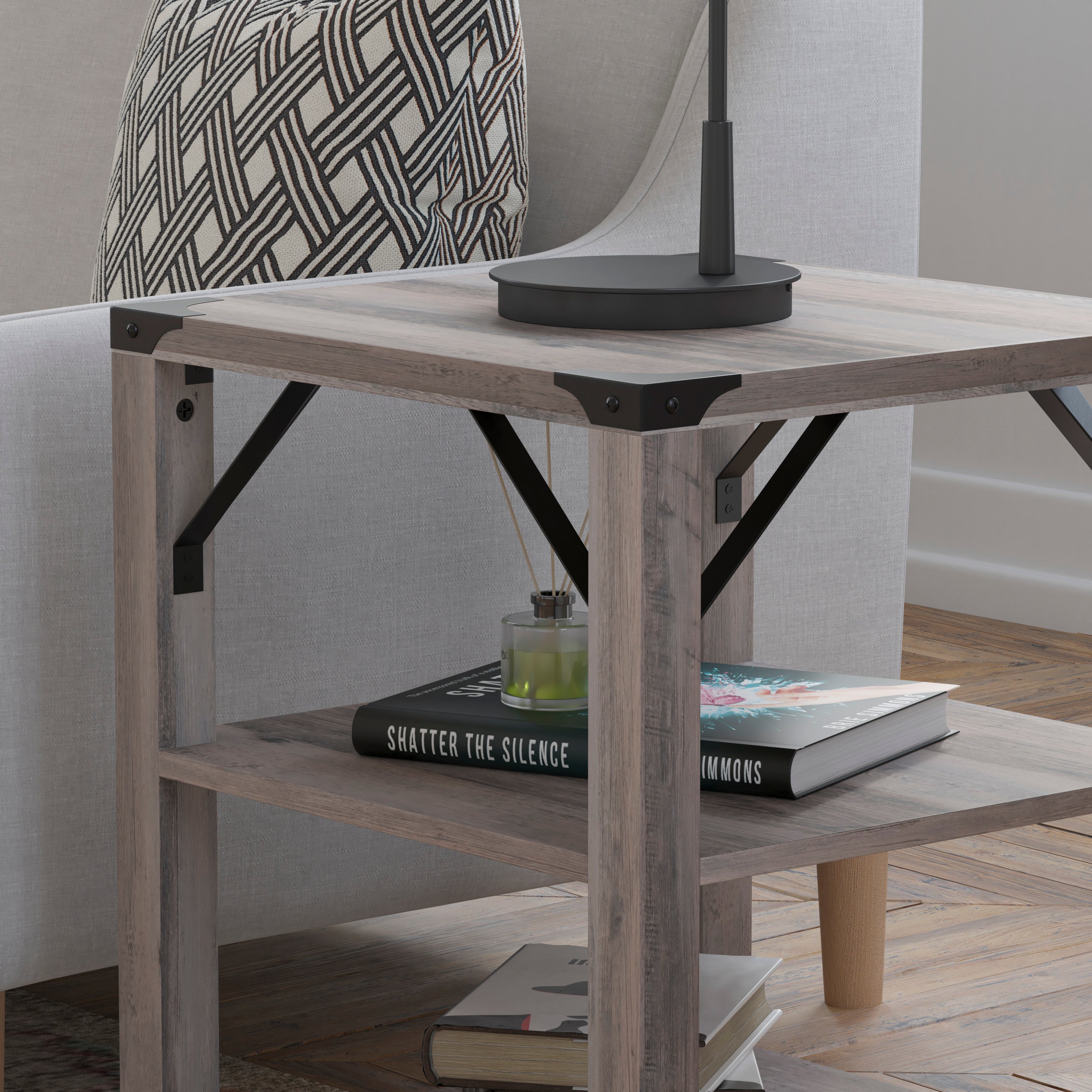 Wyatt Modern Farmhouse Wooden 3 Tier End Table with Black Metal Corner Accents and Cross Bracing, Gray Wash
