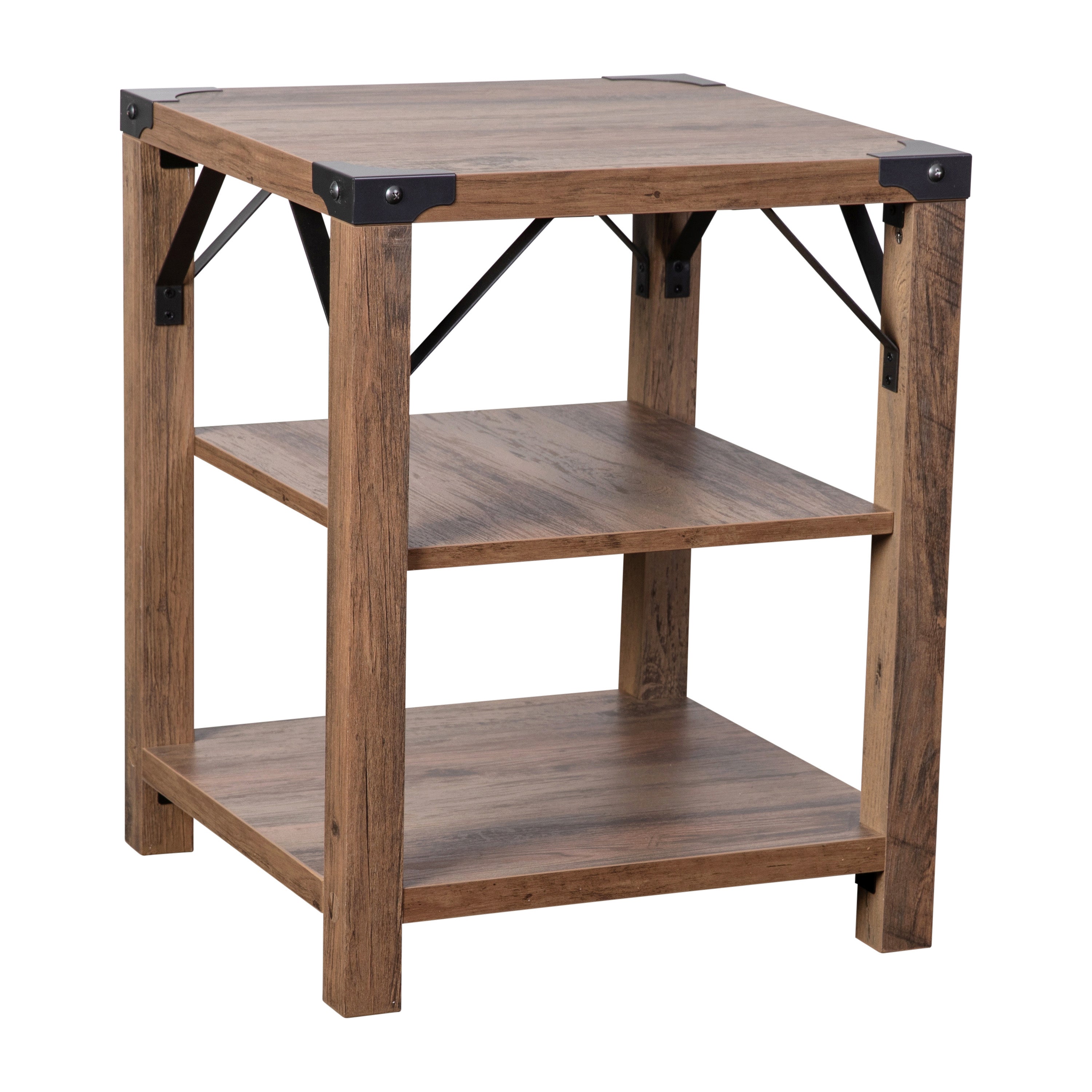 Wyatt Modern Farmhouse Wooden 3 Tier End Table with Black Metal Corner Accents and Cross Bracing, Rustic Oak