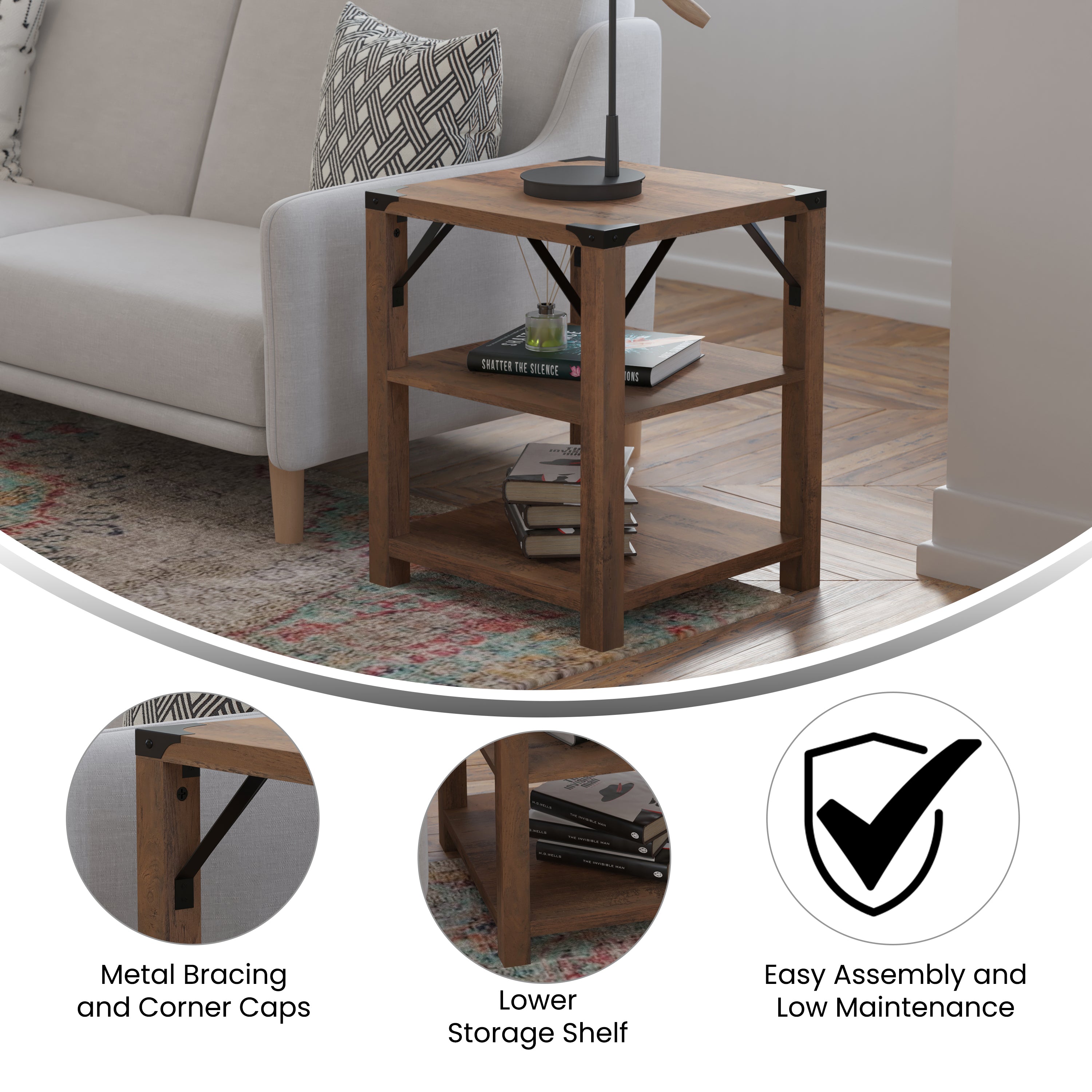 Wyatt Modern Farmhouse Wooden 3 Tier End Table with Black Metal Corner Accents and Cross Bracing, Rustic Oak